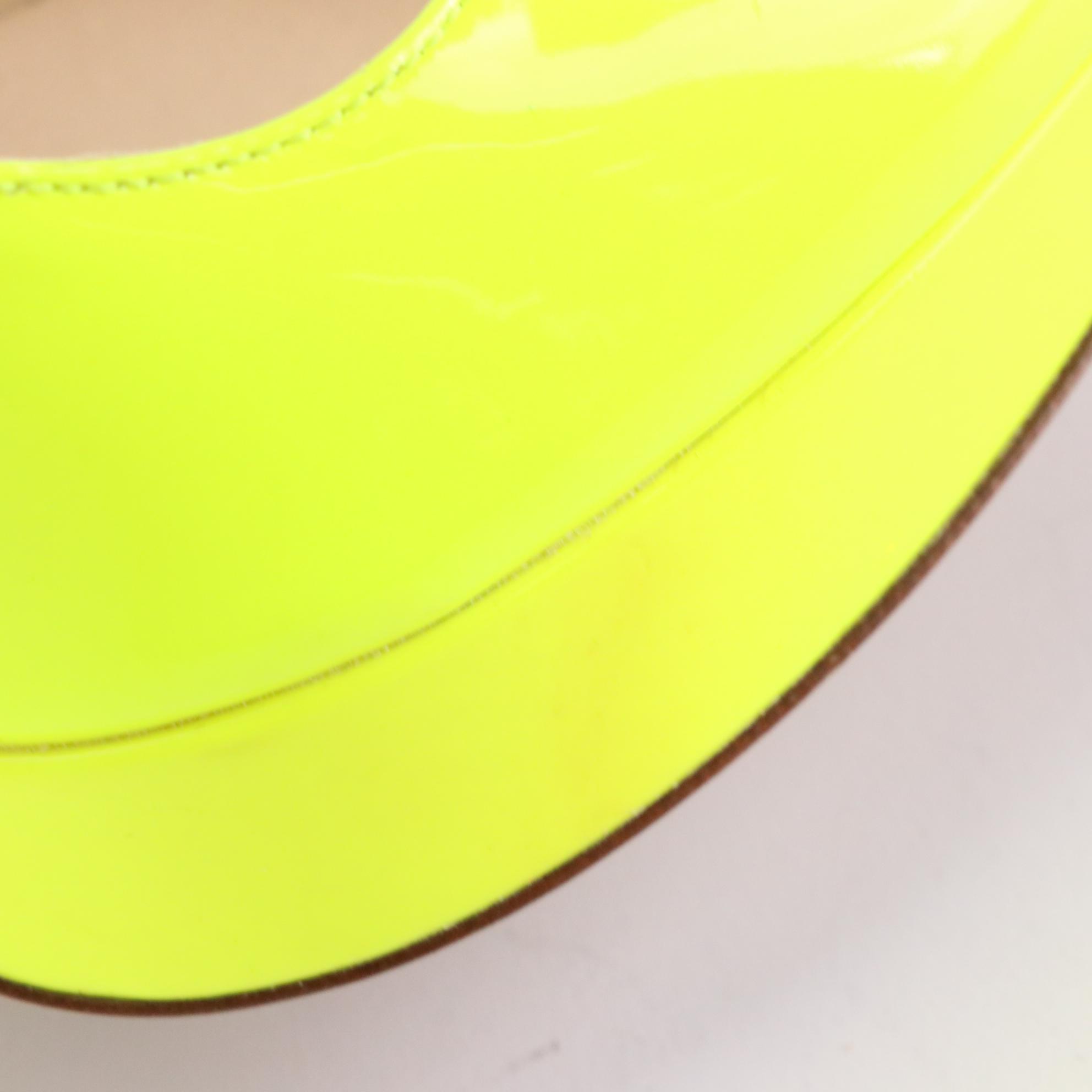 Prada Peep Toe Platform Pumps in Neon Yellow Patent Leather