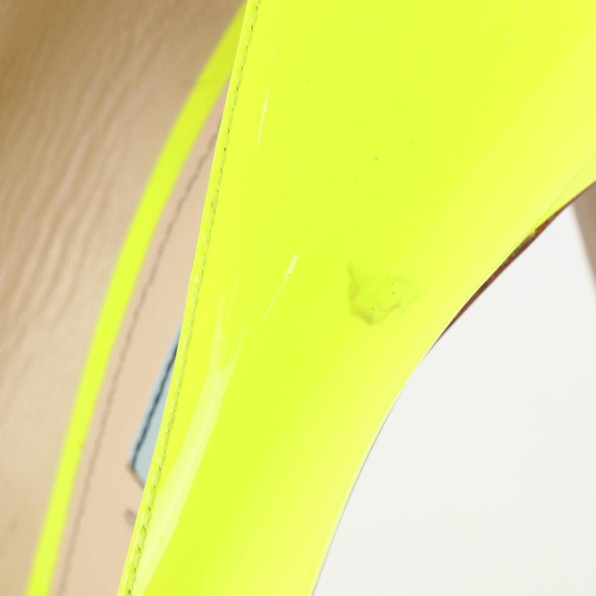 Prada Peep Toe Platform Pumps in Neon Yellow Patent Leather