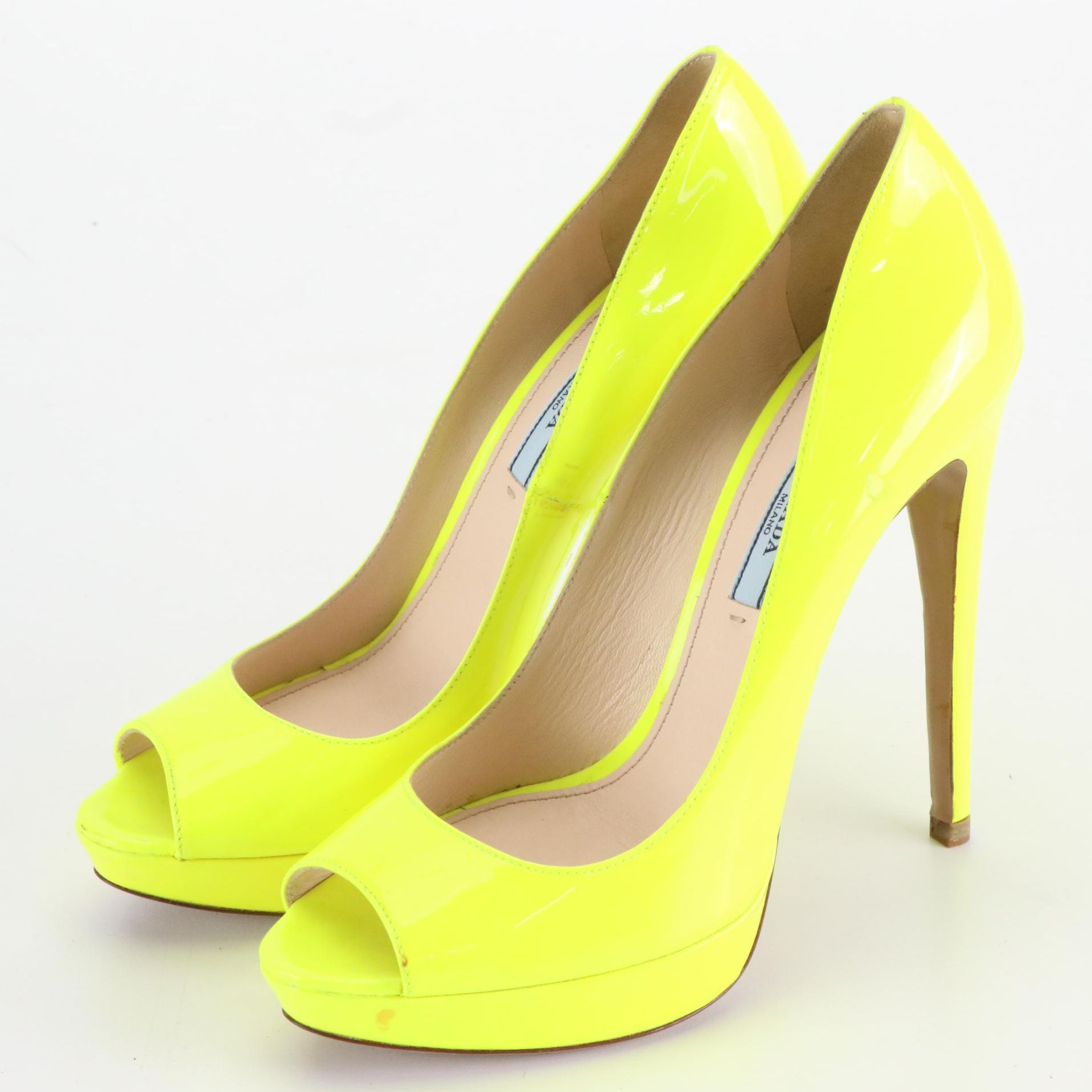 Prada Peep Toe Platform Pumps in Neon Yellow Patent Leather