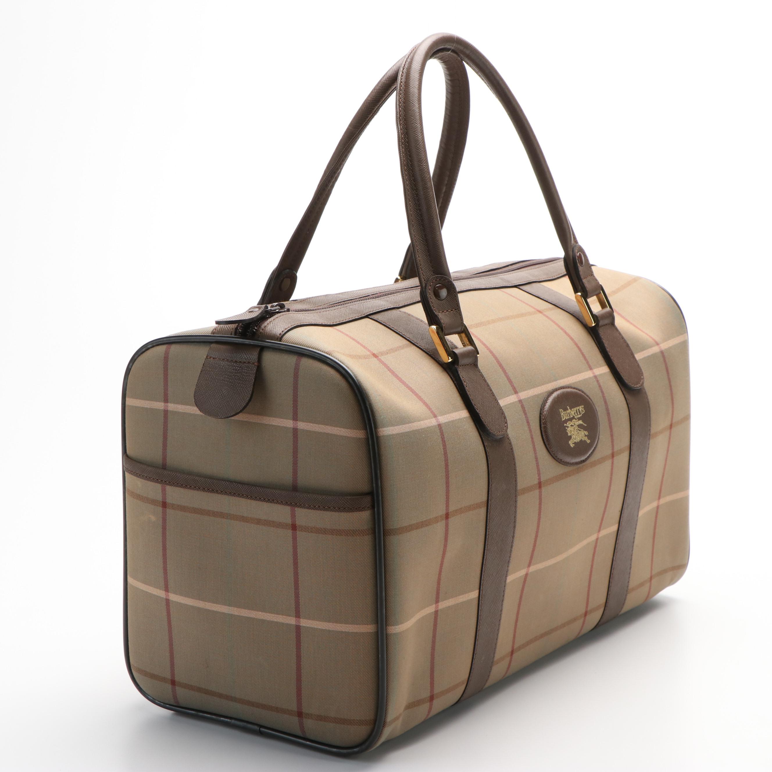Burberry Boston Bag in Brown Leather and Plaid Canvas