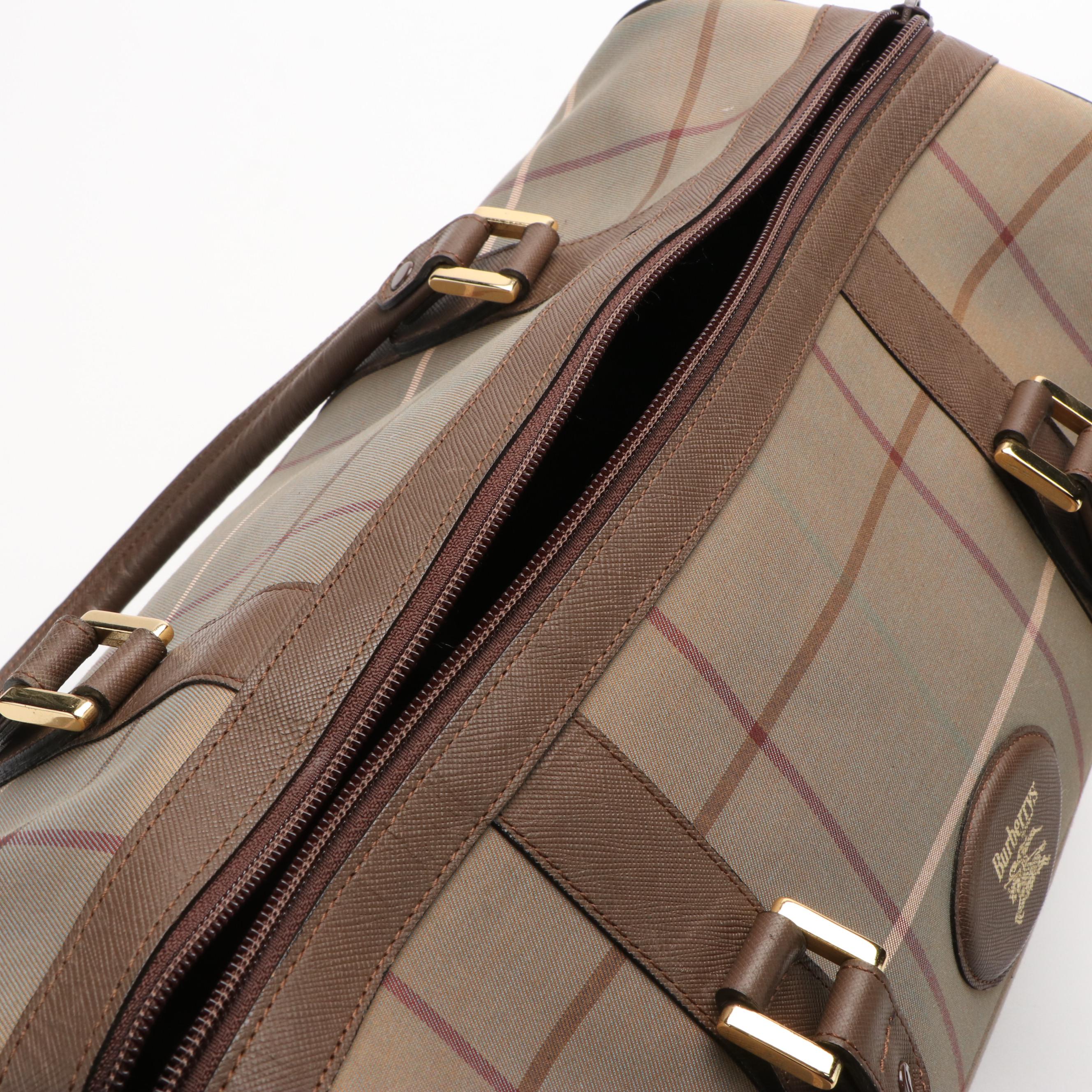 Burberry Boston Bag in Brown Leather and Plaid Canvas