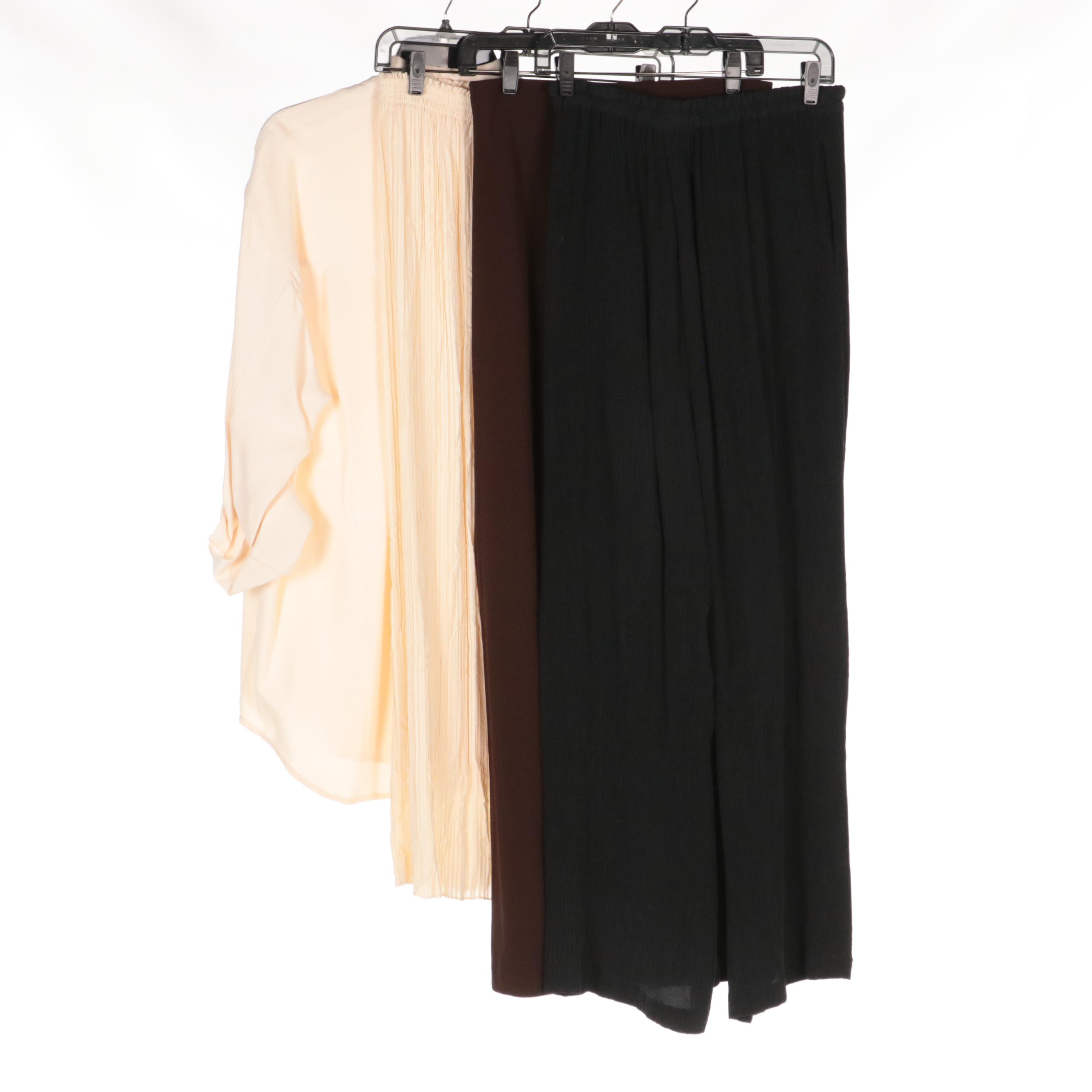DKNY Pants, Pleated Silk Pants, and Button-Up Shirt, and Other Pleated Skirt