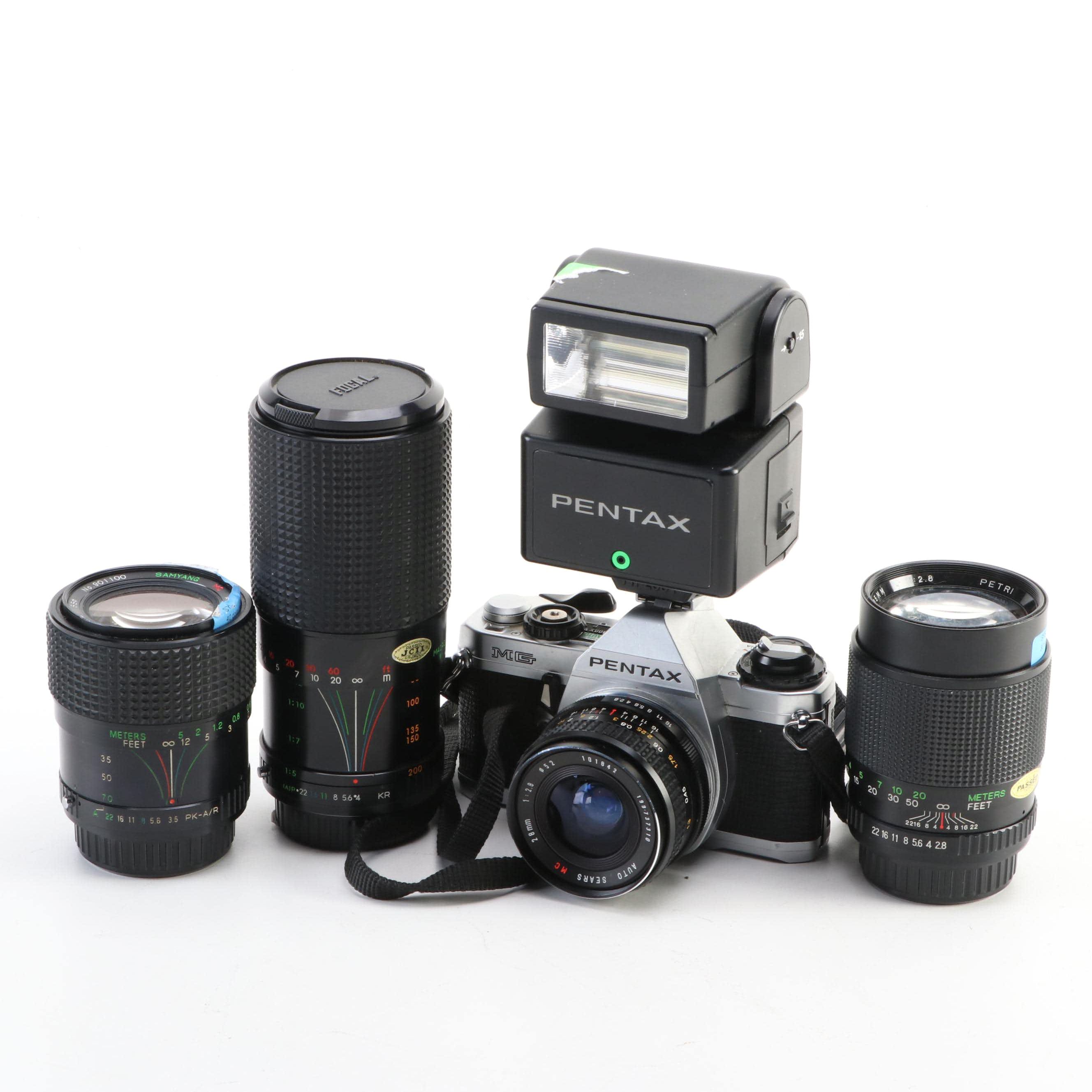 Pentax MG SLR Camera with Lenses and Flash EBTH