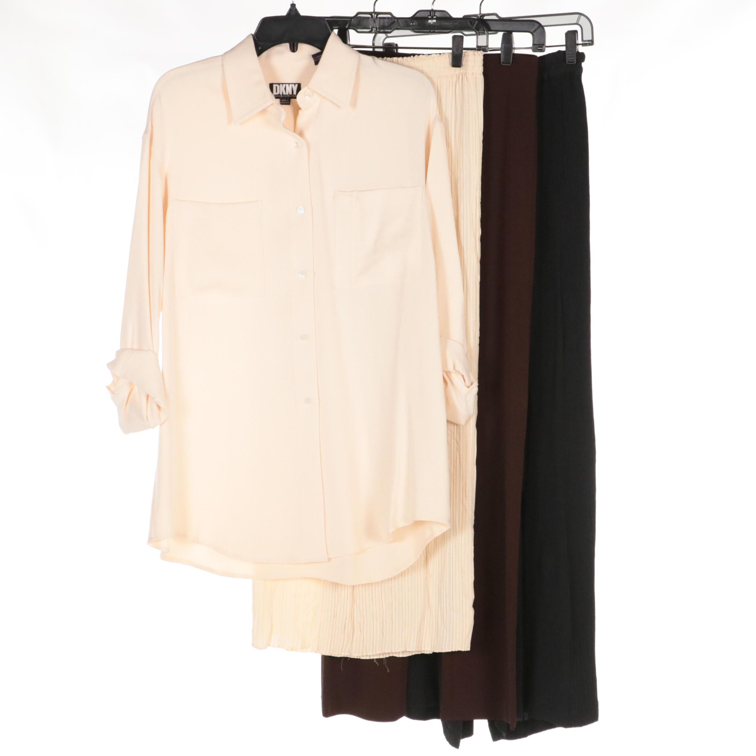 DKNY Pants, Pleated Silk Pants, and Button-Up Shirt, and Other Pleated Skirt