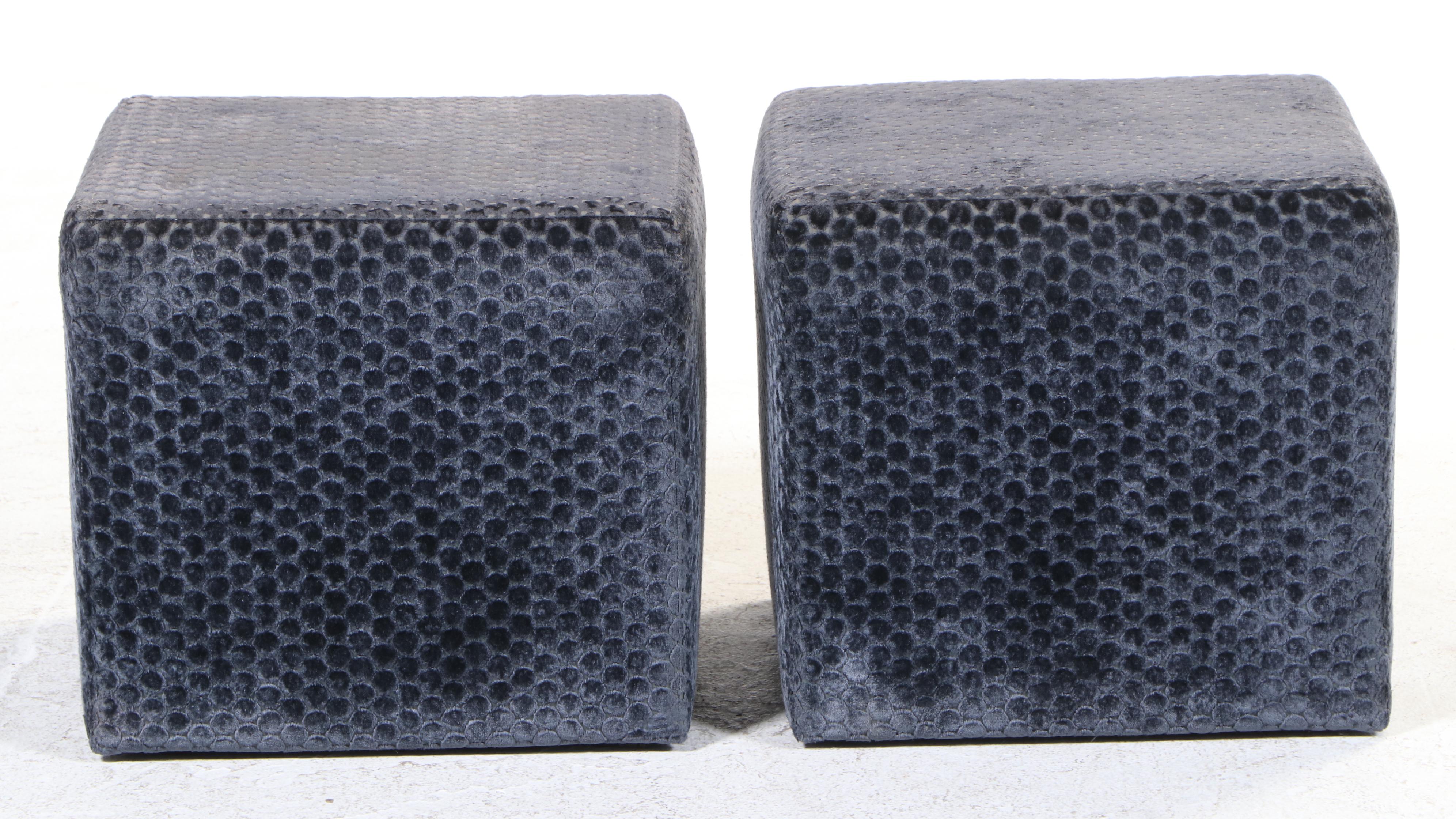 Pair of Chenille Upholstered Cube Ottomans