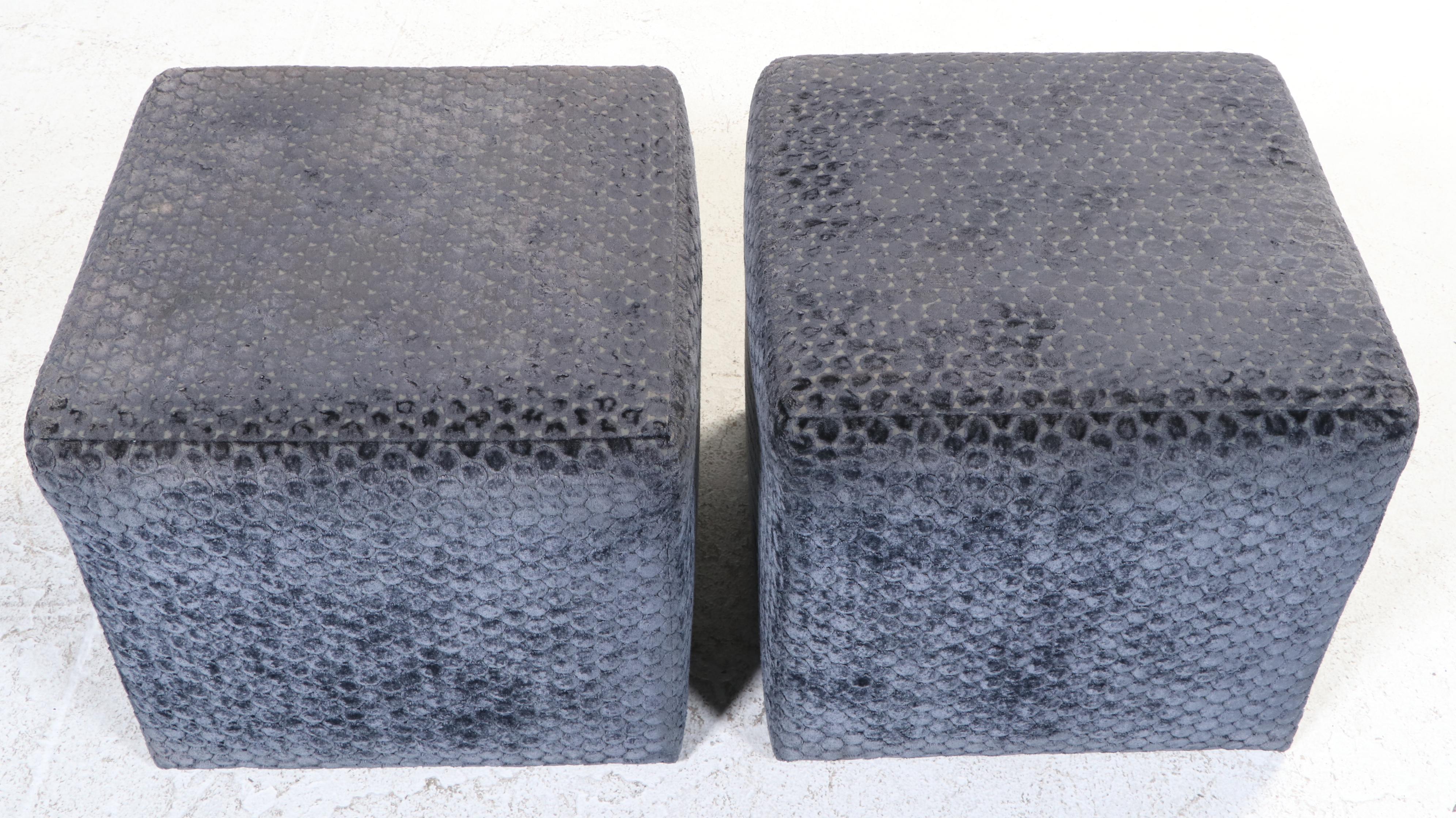 Pair of Chenille Upholstered Cube Ottomans