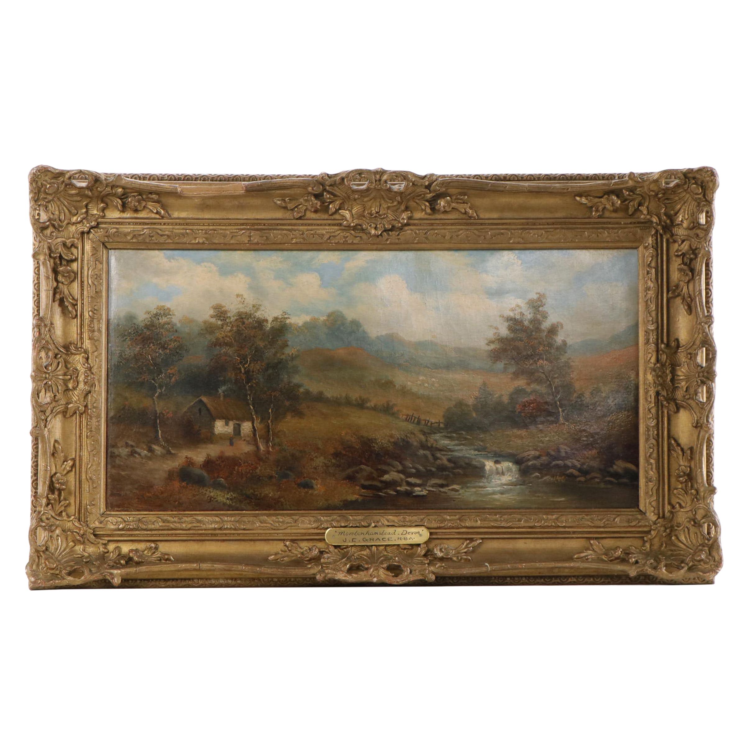 J. E. Grace Landscape Oil Painting "Noretonhamsteed - Devon," Circa 1870