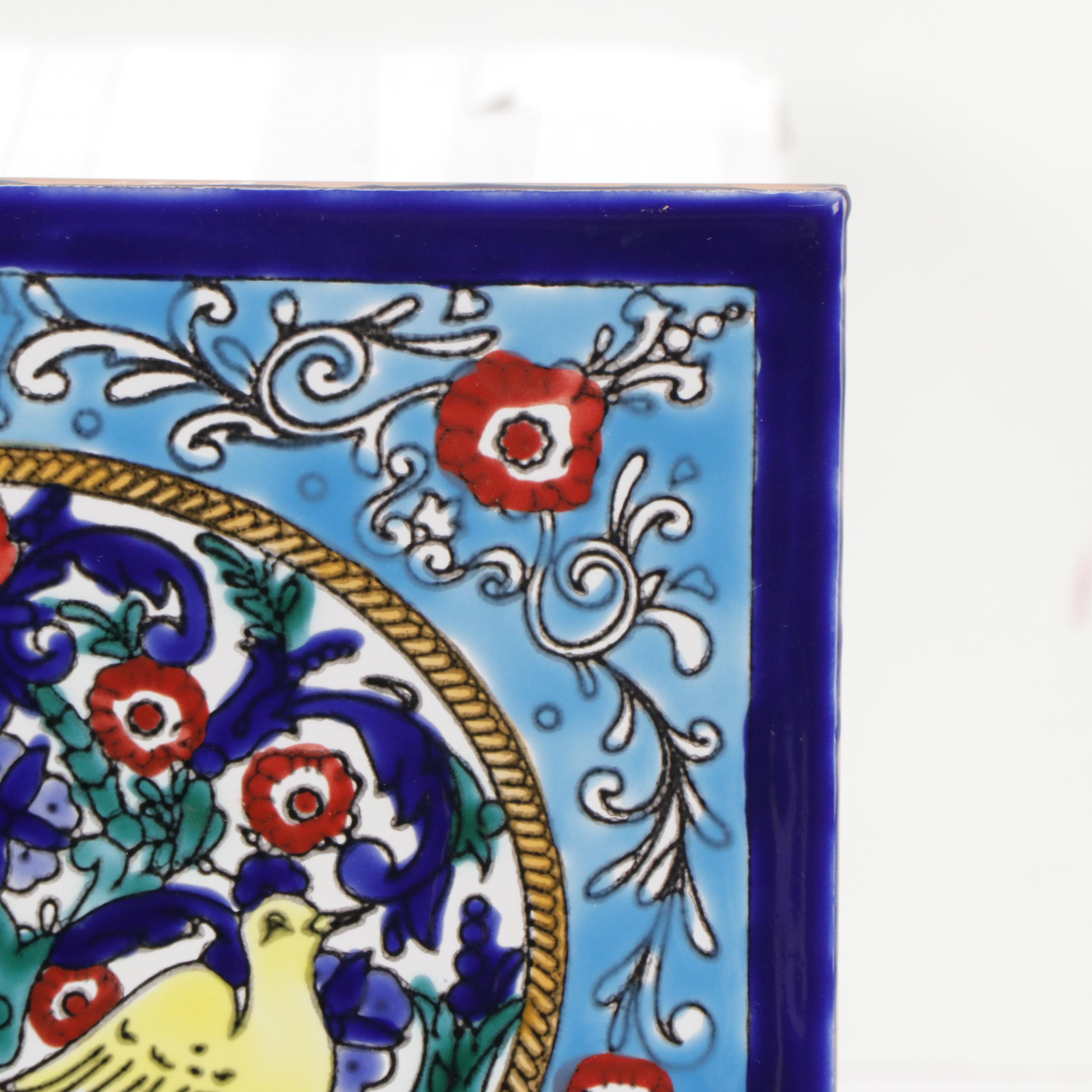 Tunisian Style Hand-Painted Ceramic Tile With Bird Motif