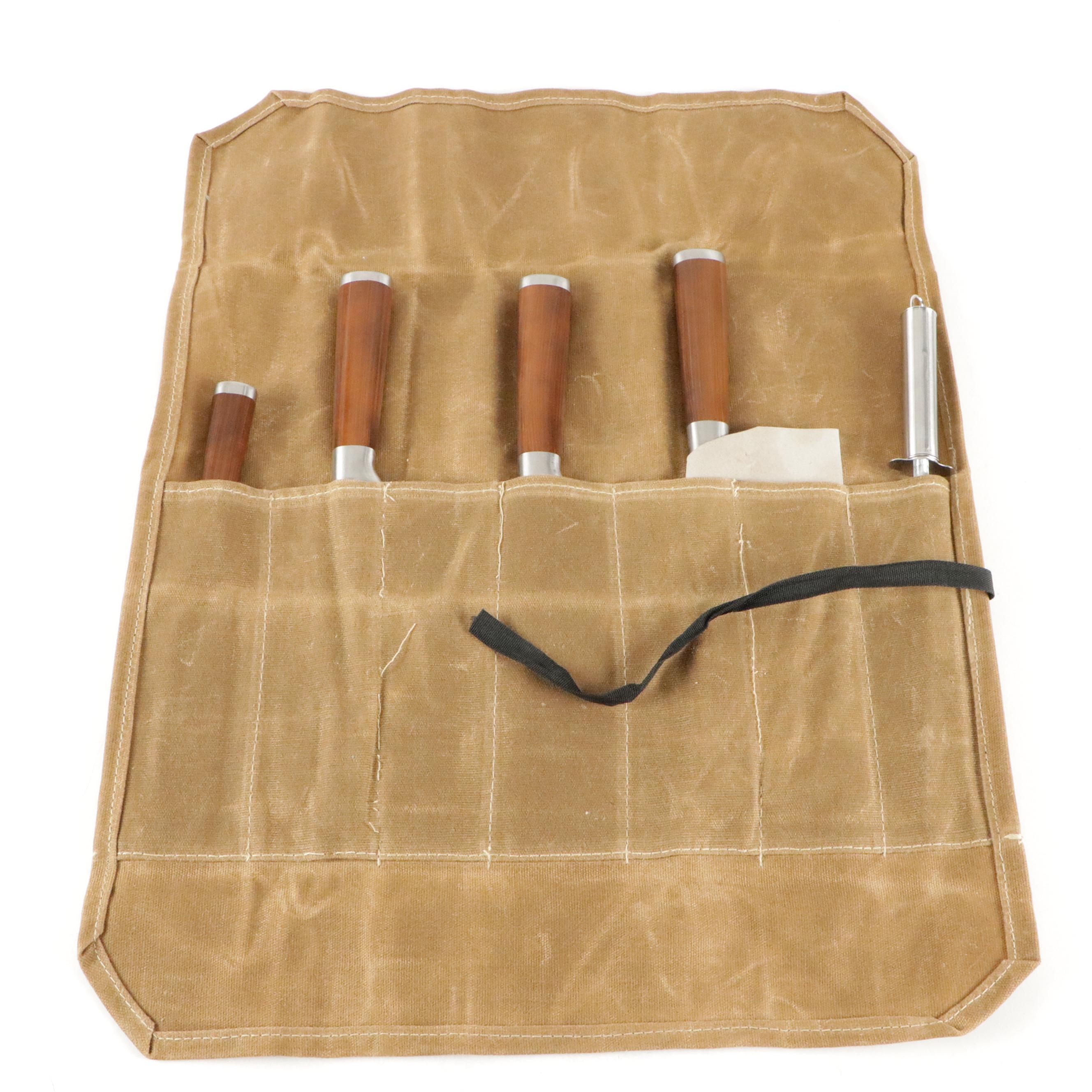 Japanese Steel and Wooden Handled Chef Knife Set with Knife Roll