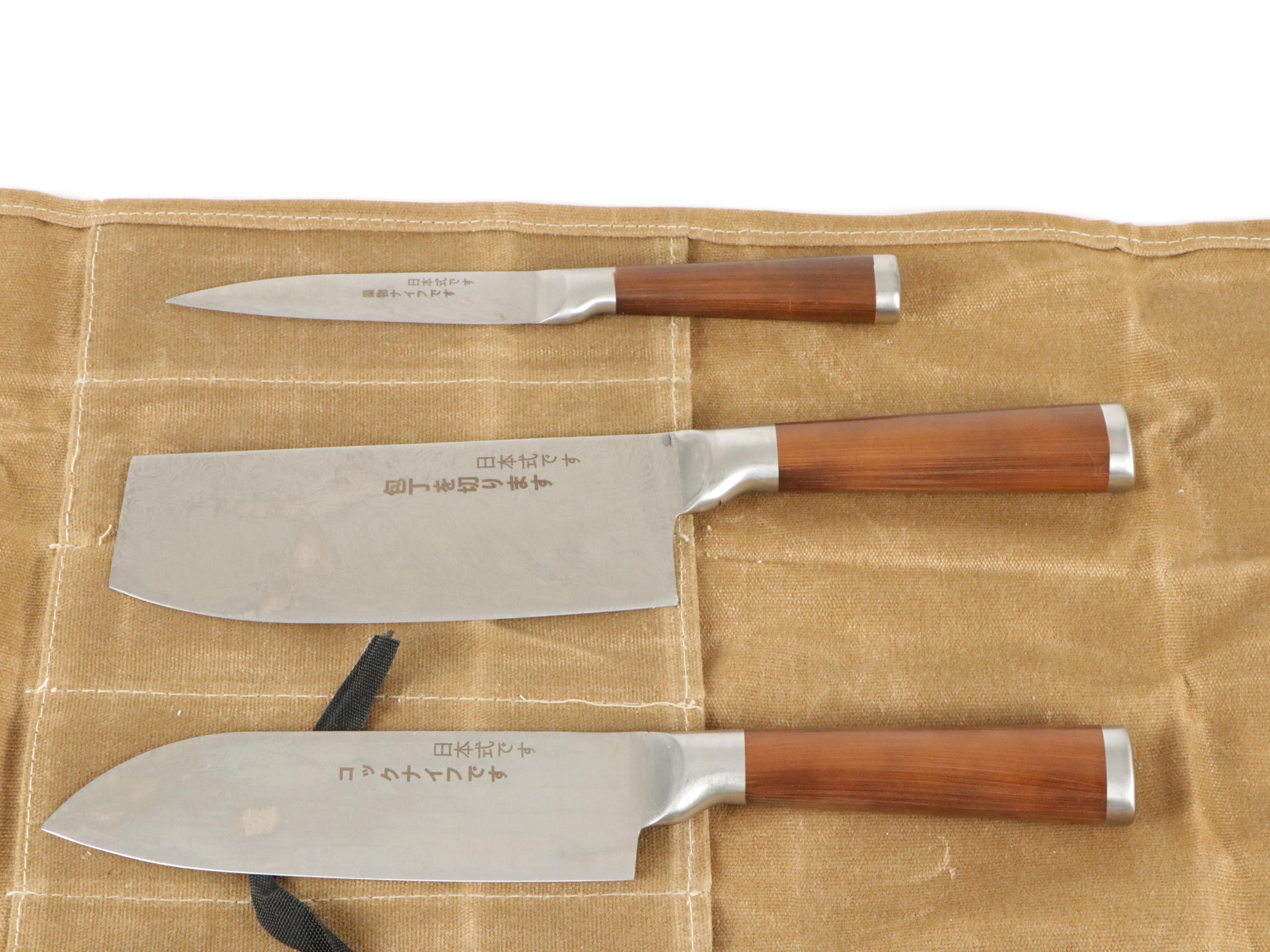 Japanese Steel and Wooden Handled Chef Knife Set with Knife Roll