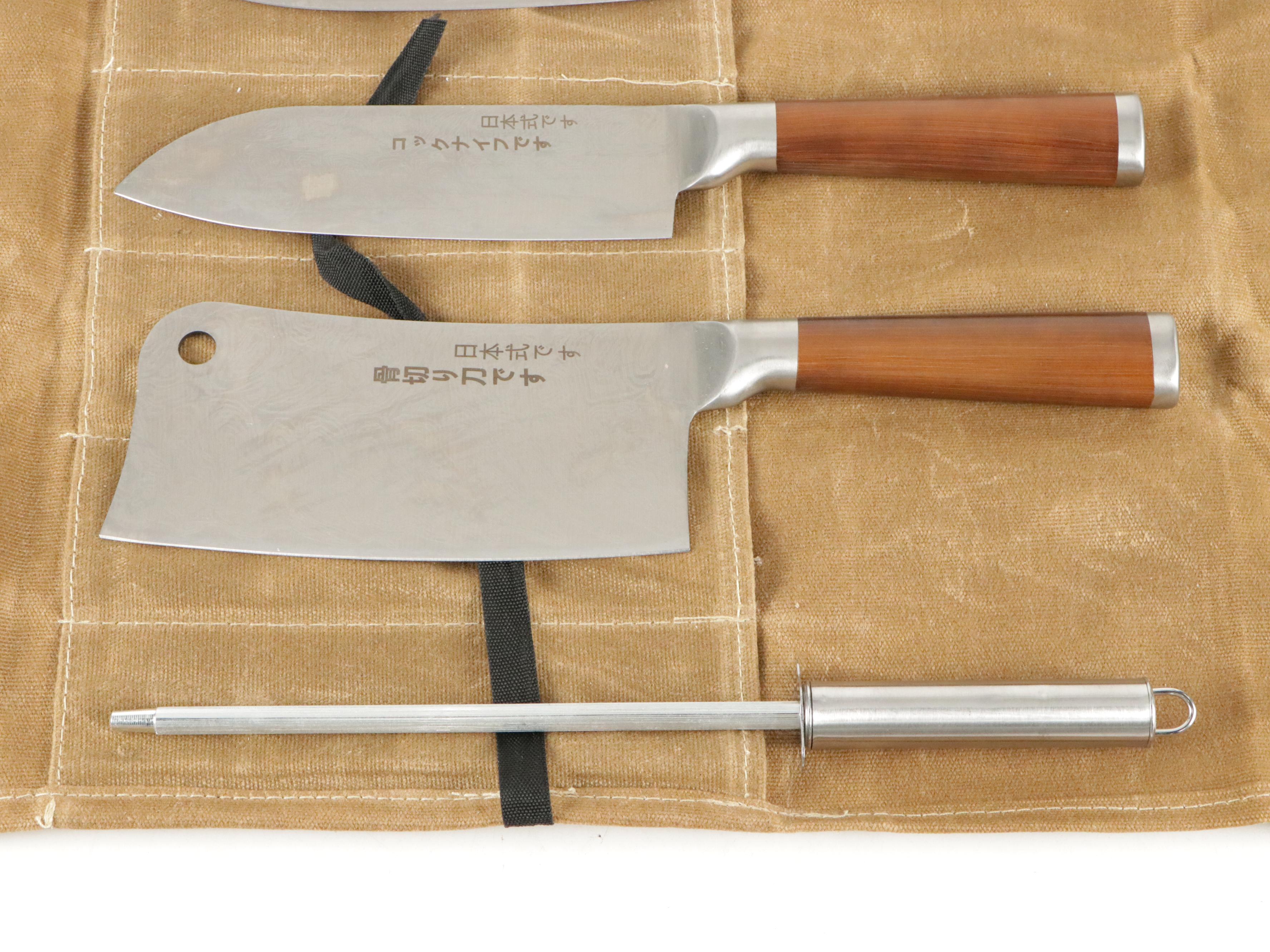 Japanese Steel and Wooden Handled Chef Knife Set with Knife Roll