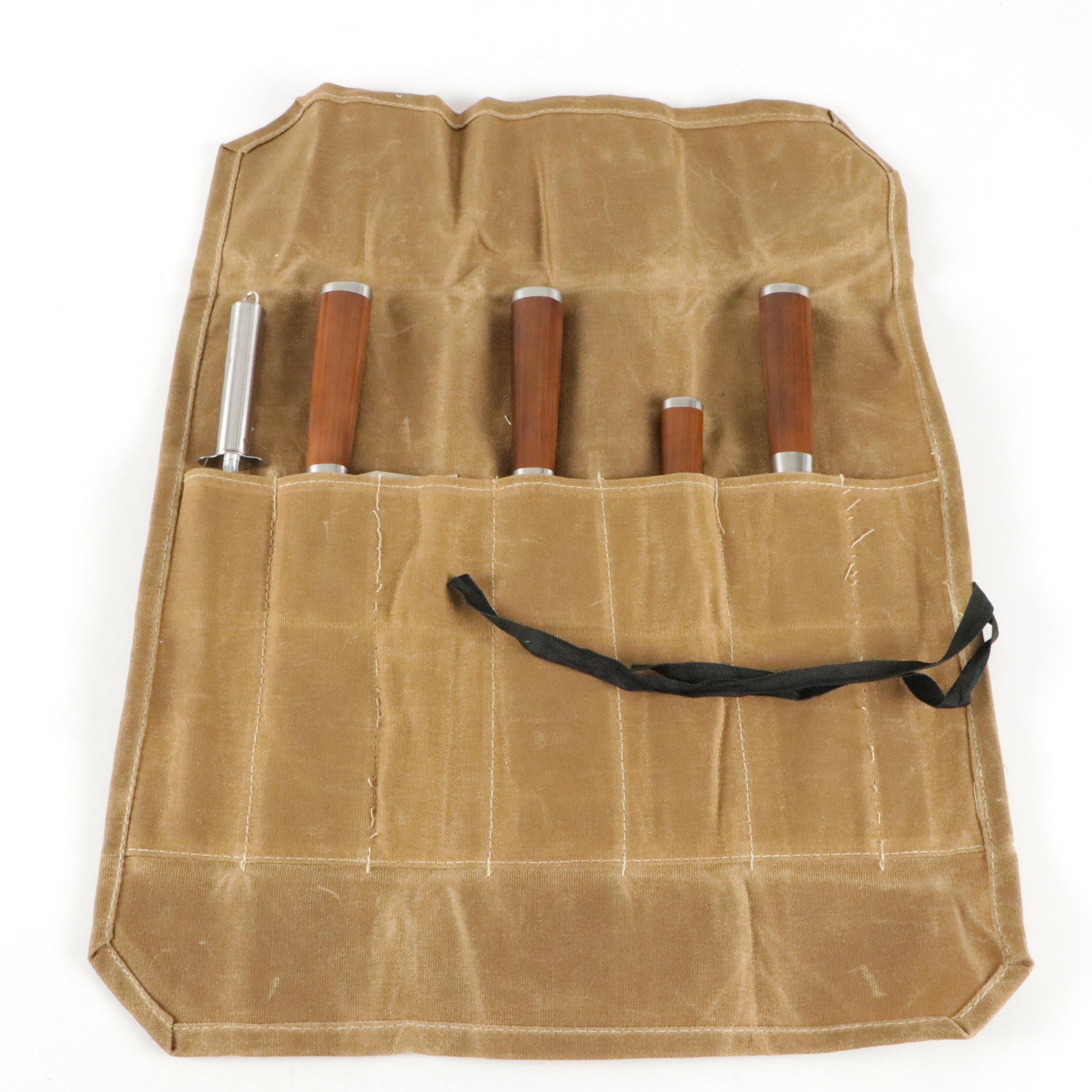 Japanese Steel and Wooden Handled Chef Knife Set with Knife Roll