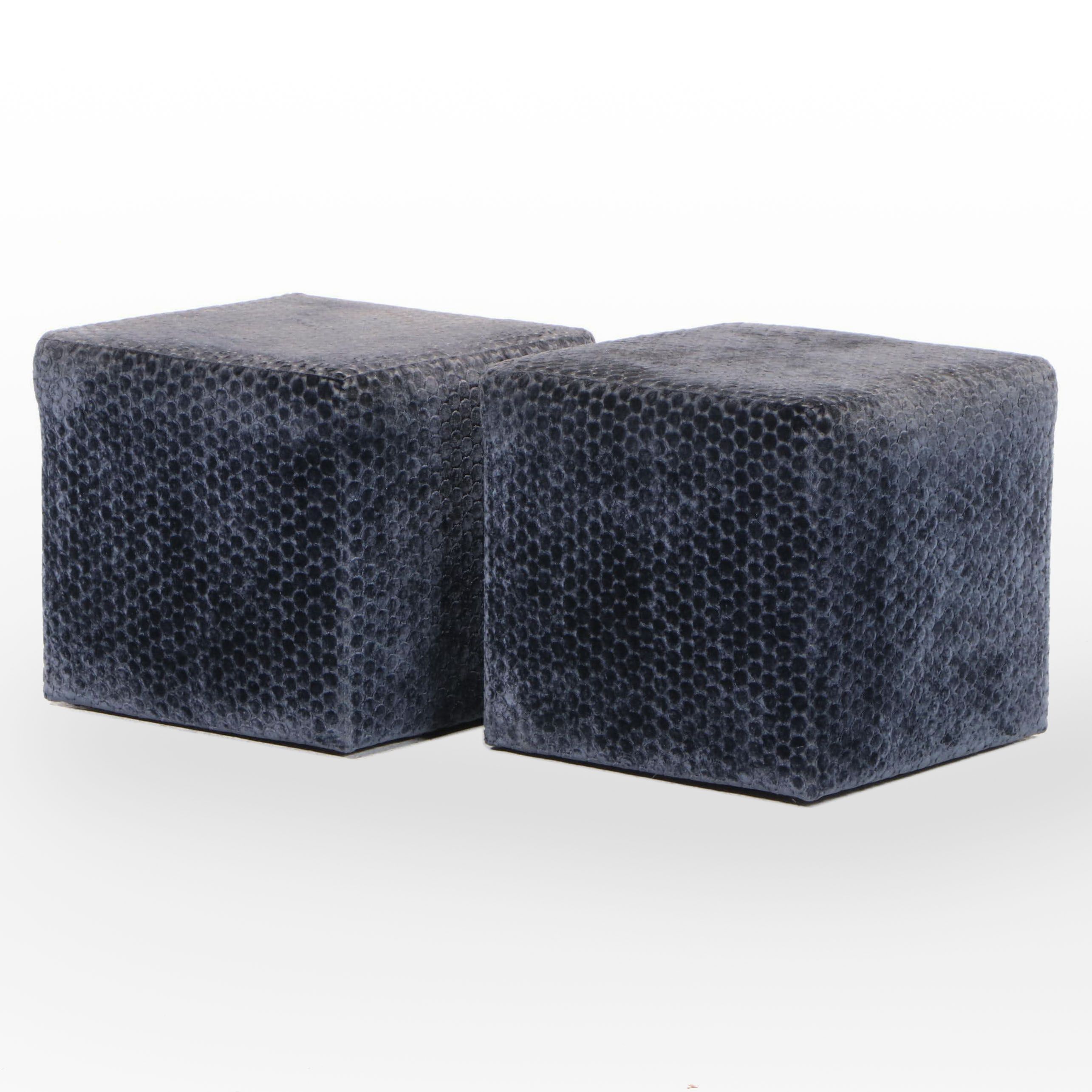Pair of Chenille Upholstered Cube Ottomans