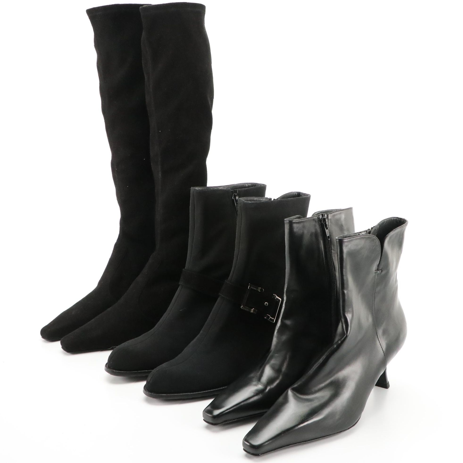 Stuart Weitzman Suede Boots, Leather Ankle Boots, and Textile Harness Booties