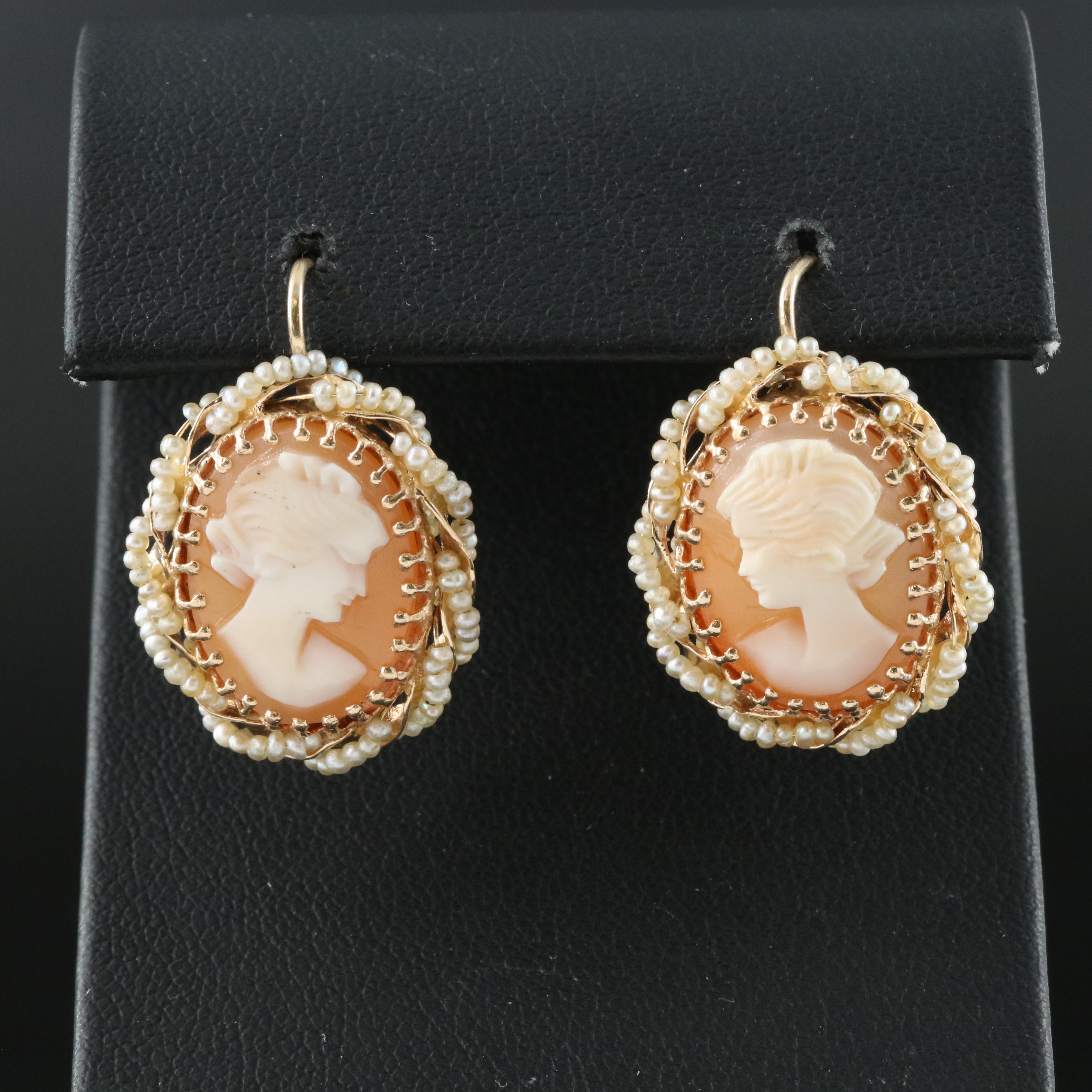 14K Shell Cameo and Pearl Earrings