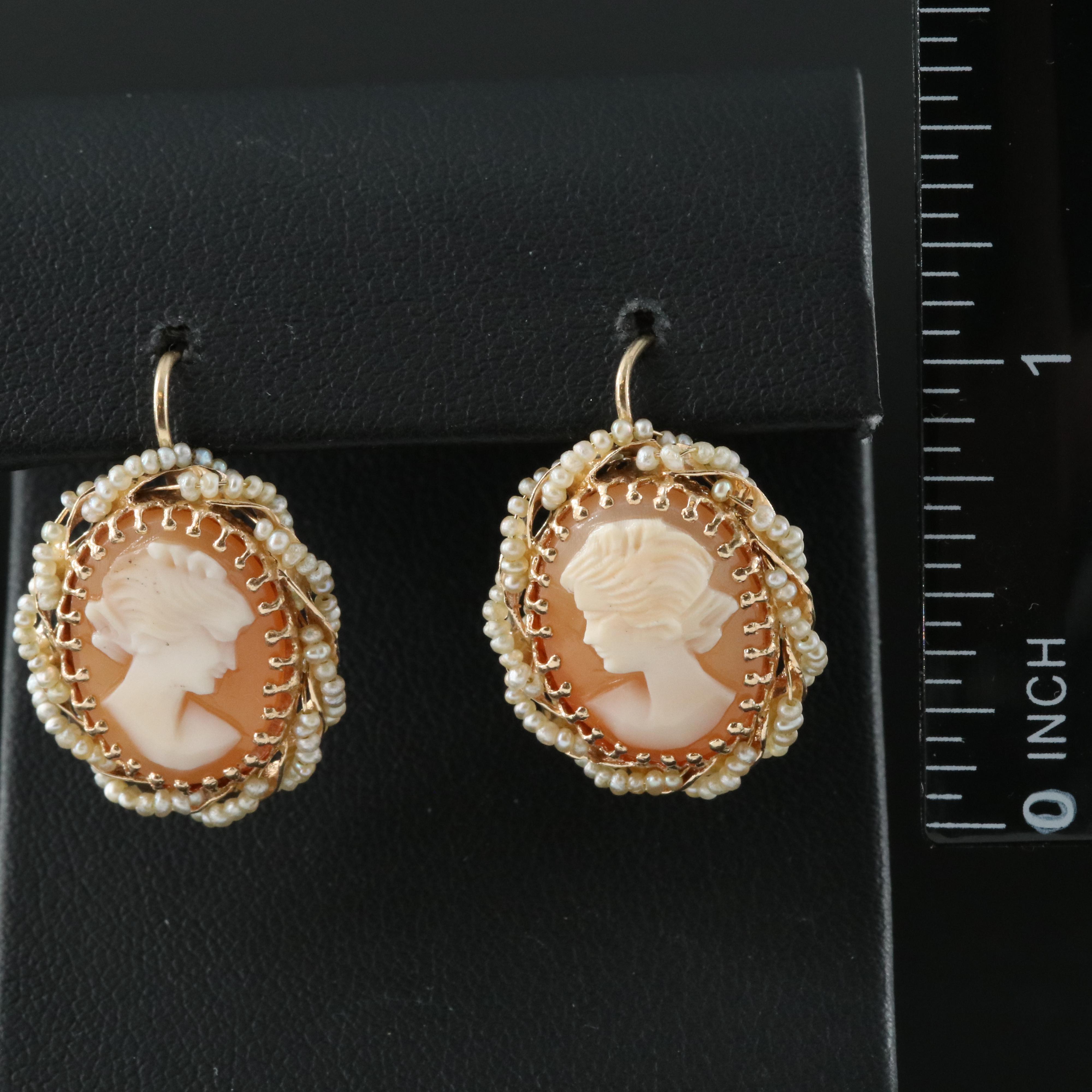 14K Shell Cameo and Pearl Earrings