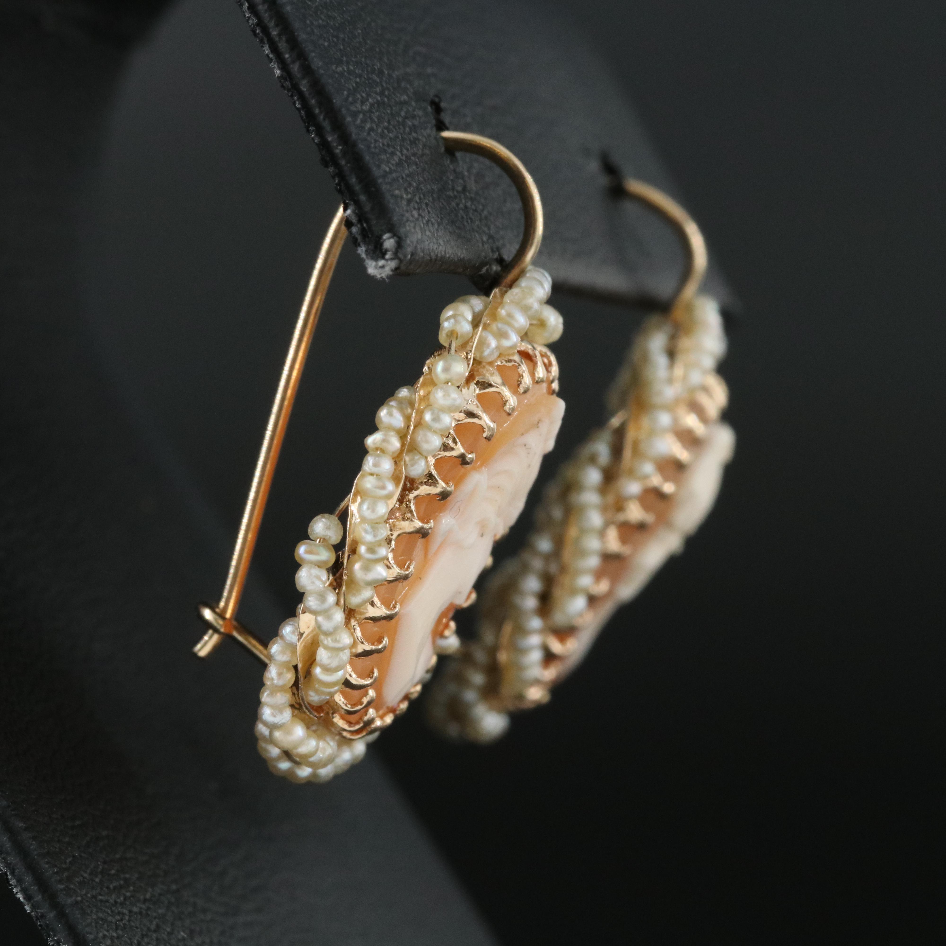 14K Shell Cameo and Pearl Earrings