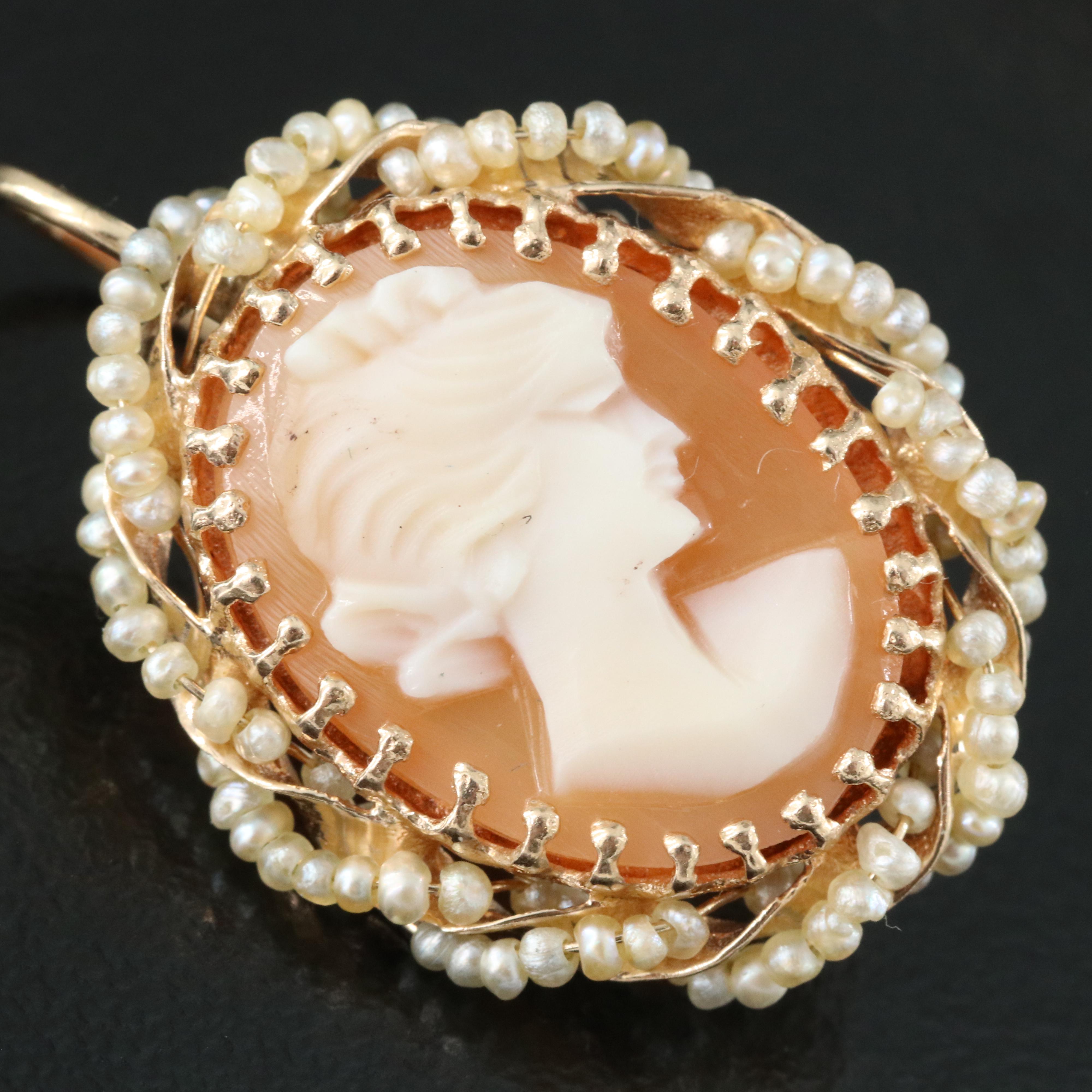 14K Shell Cameo and Pearl Earrings
