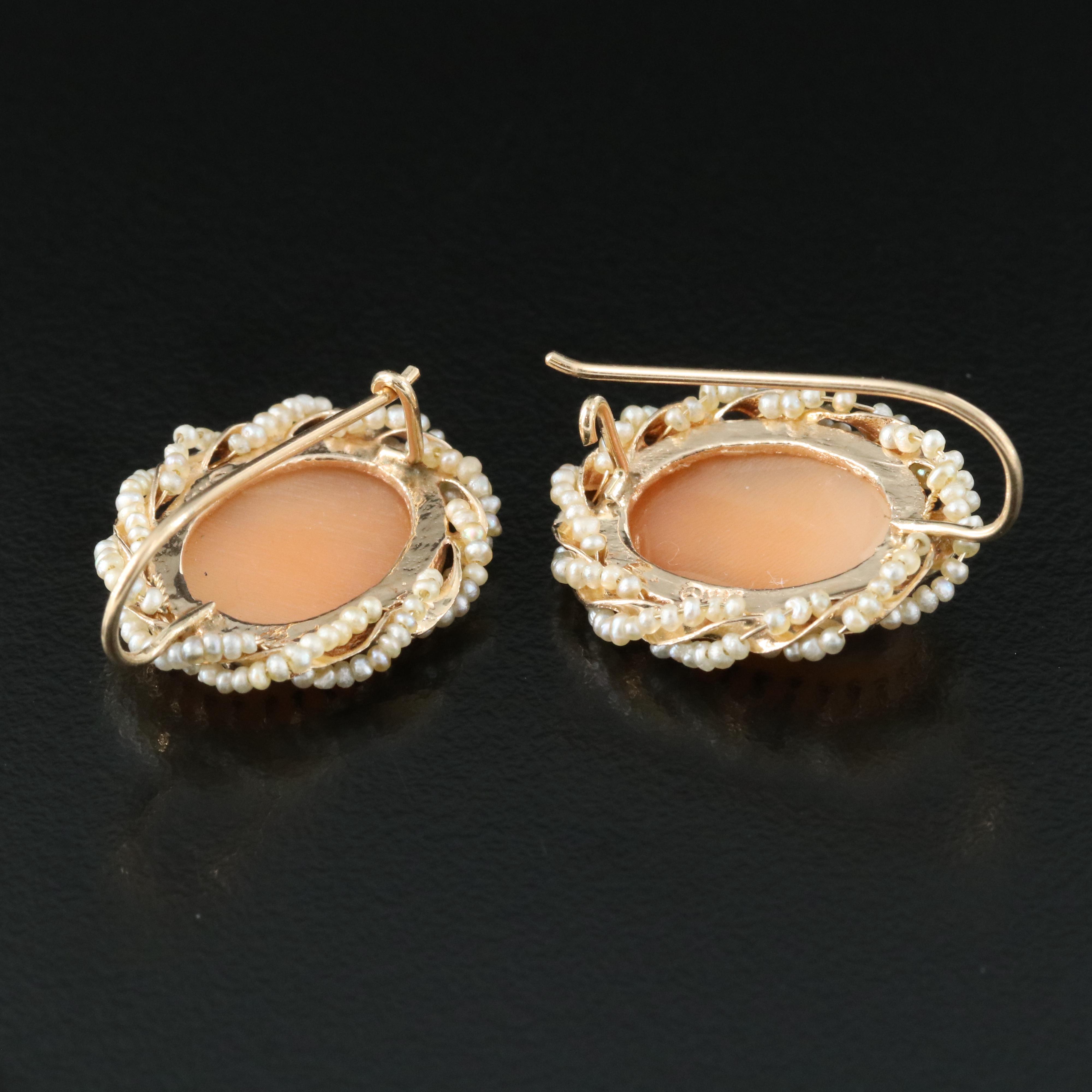 14K Shell Cameo and Pearl Earrings