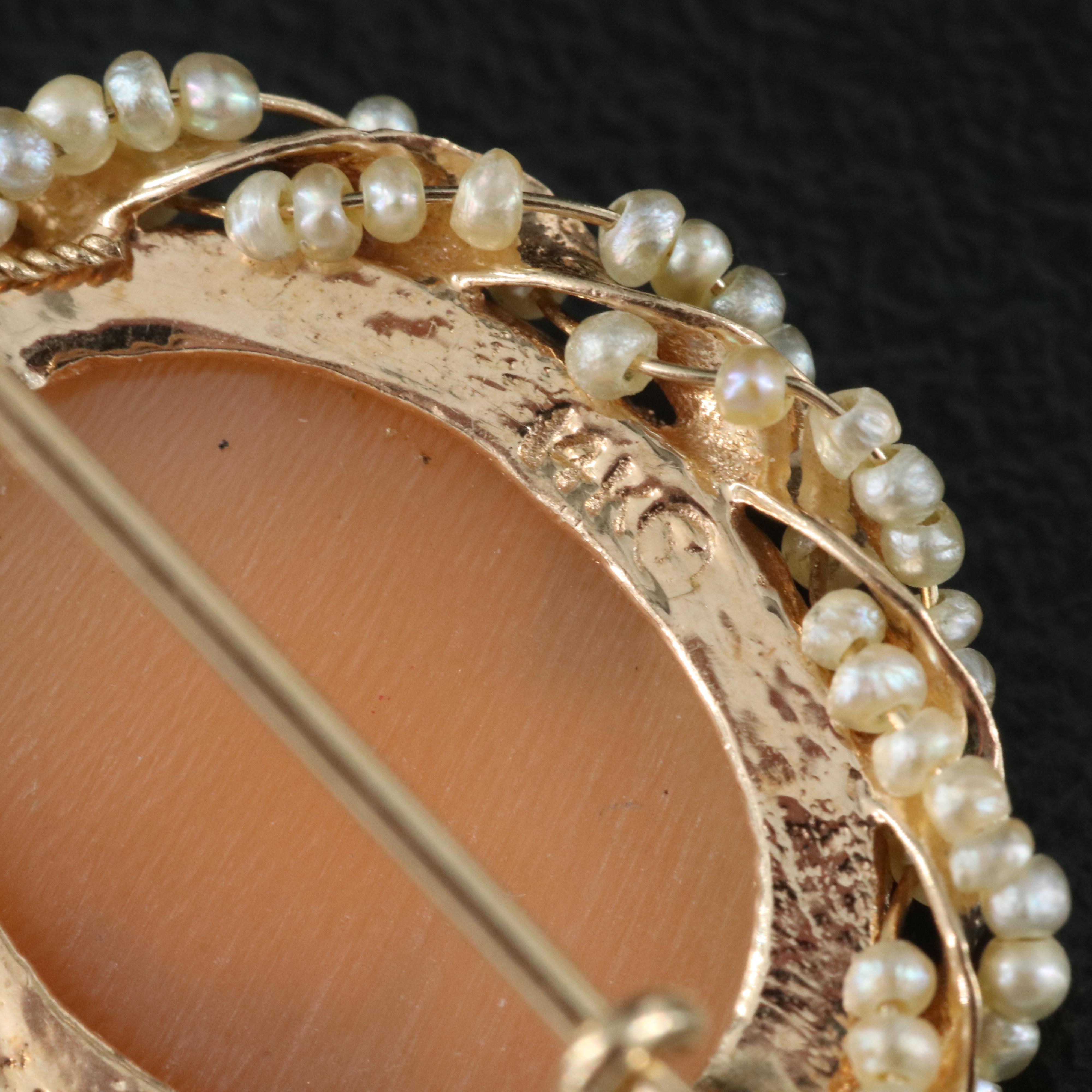 14K Shell Cameo and Pearl Earrings
