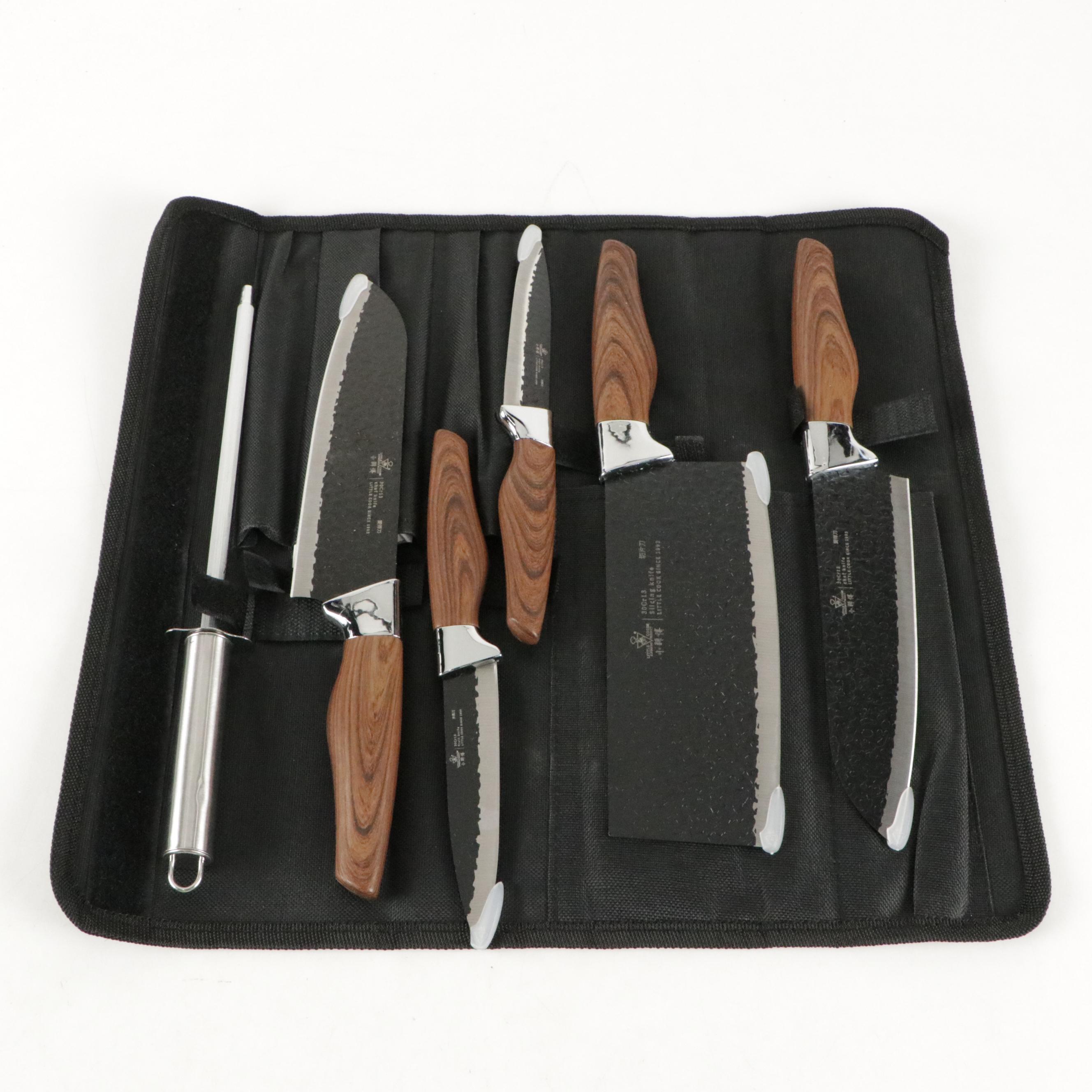 Little Cook Steel and Wooden Handled Chef Knife Set with Knife Roll