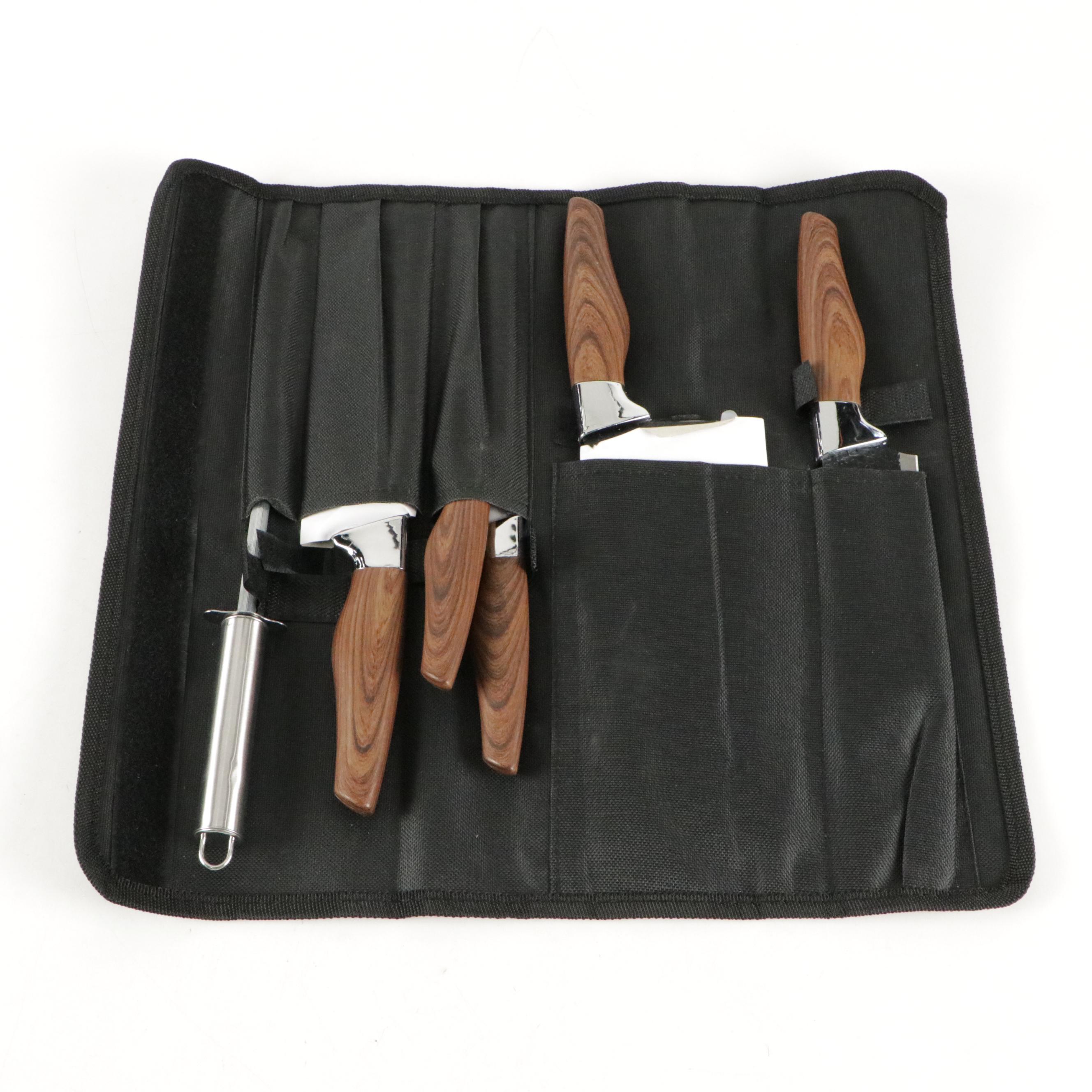 Little Cook Steel and Wooden Handled Chef Knife Set with Knife Roll