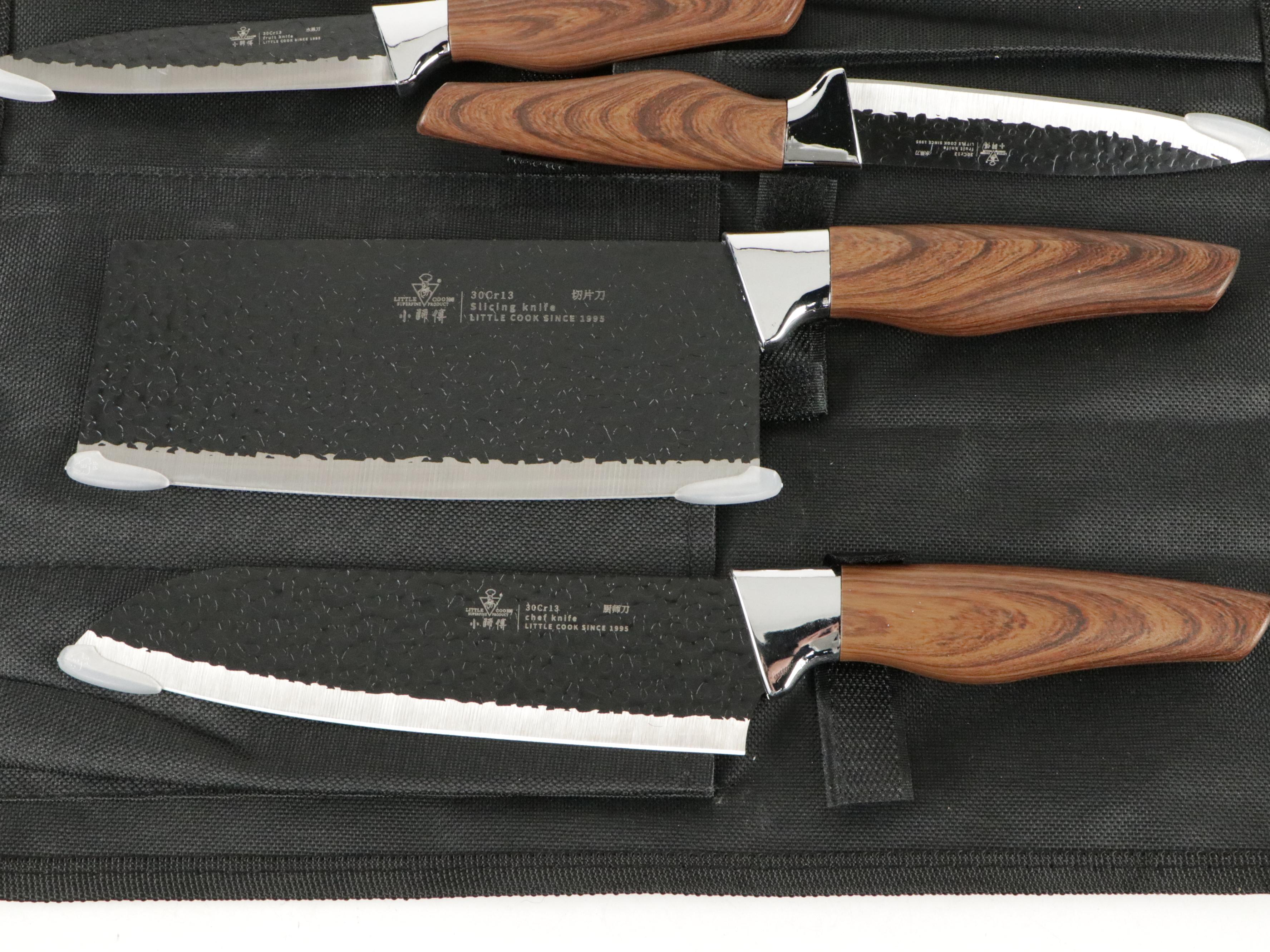 Little Cook Steel and Wooden Handled Chef Knife Set with Knife Roll