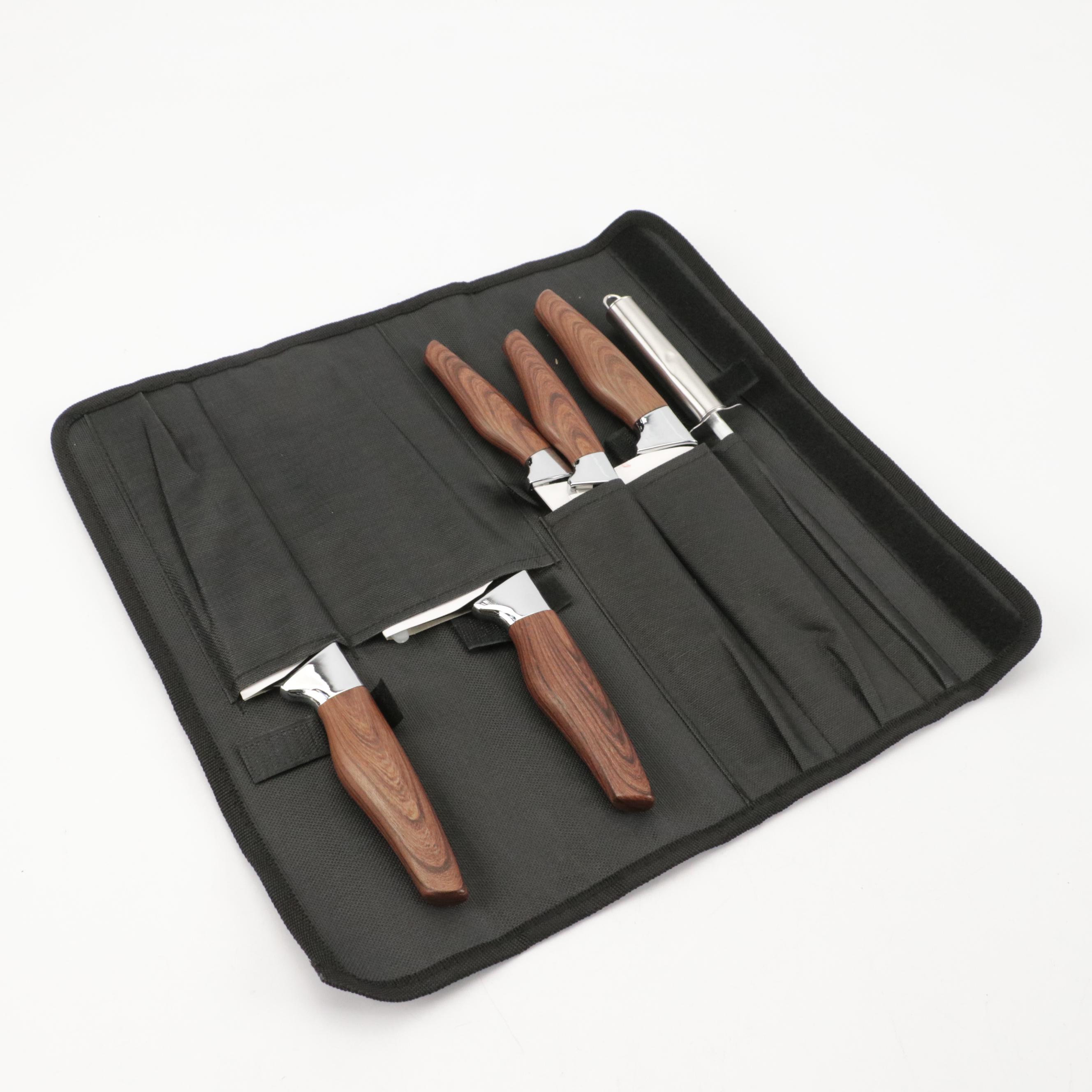 Little Cook Steel and Wooden Handled Chef Knife Set with Knife Roll