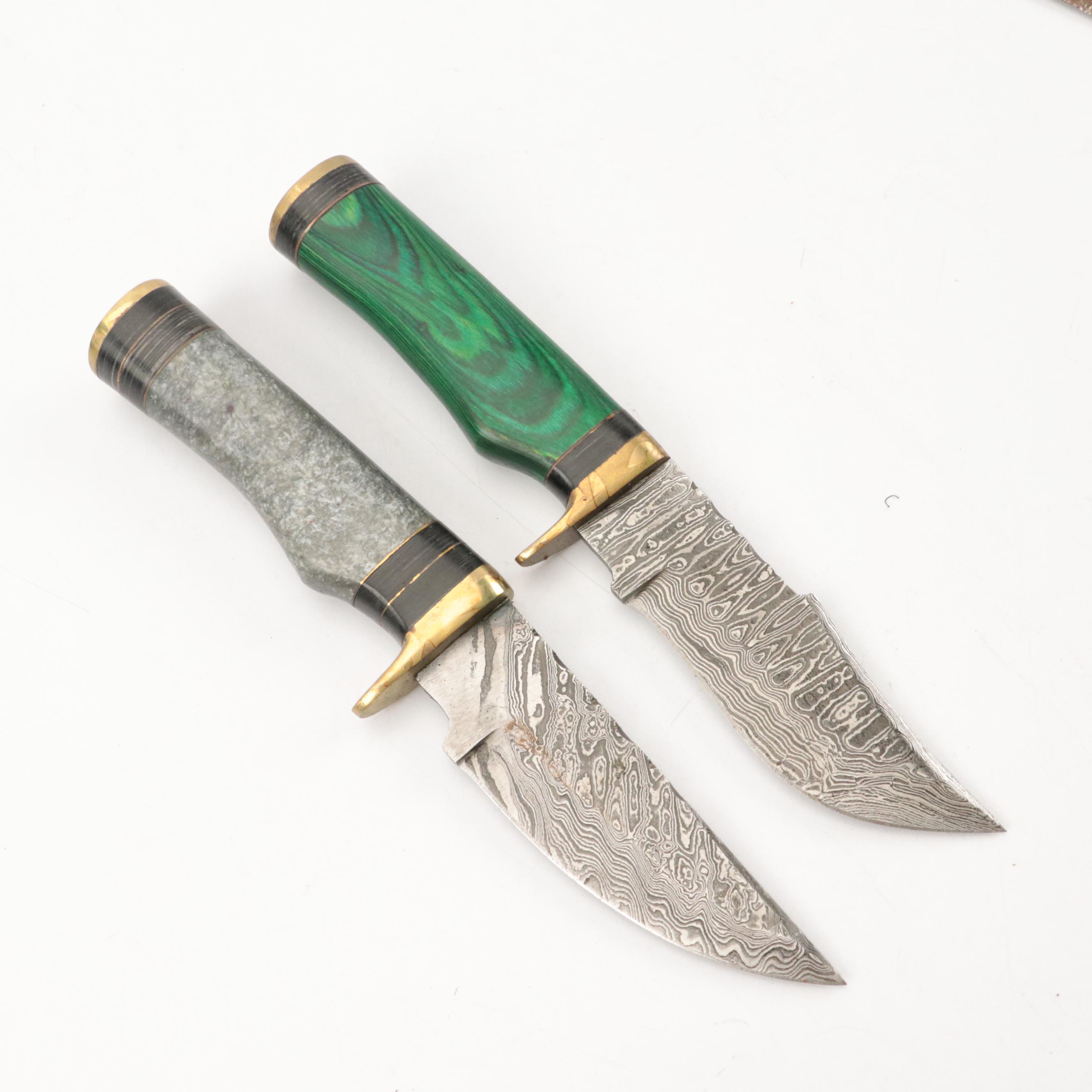 Hand-Crafted Damascus Steel Fixed Blade Knives with Leather Scabbards