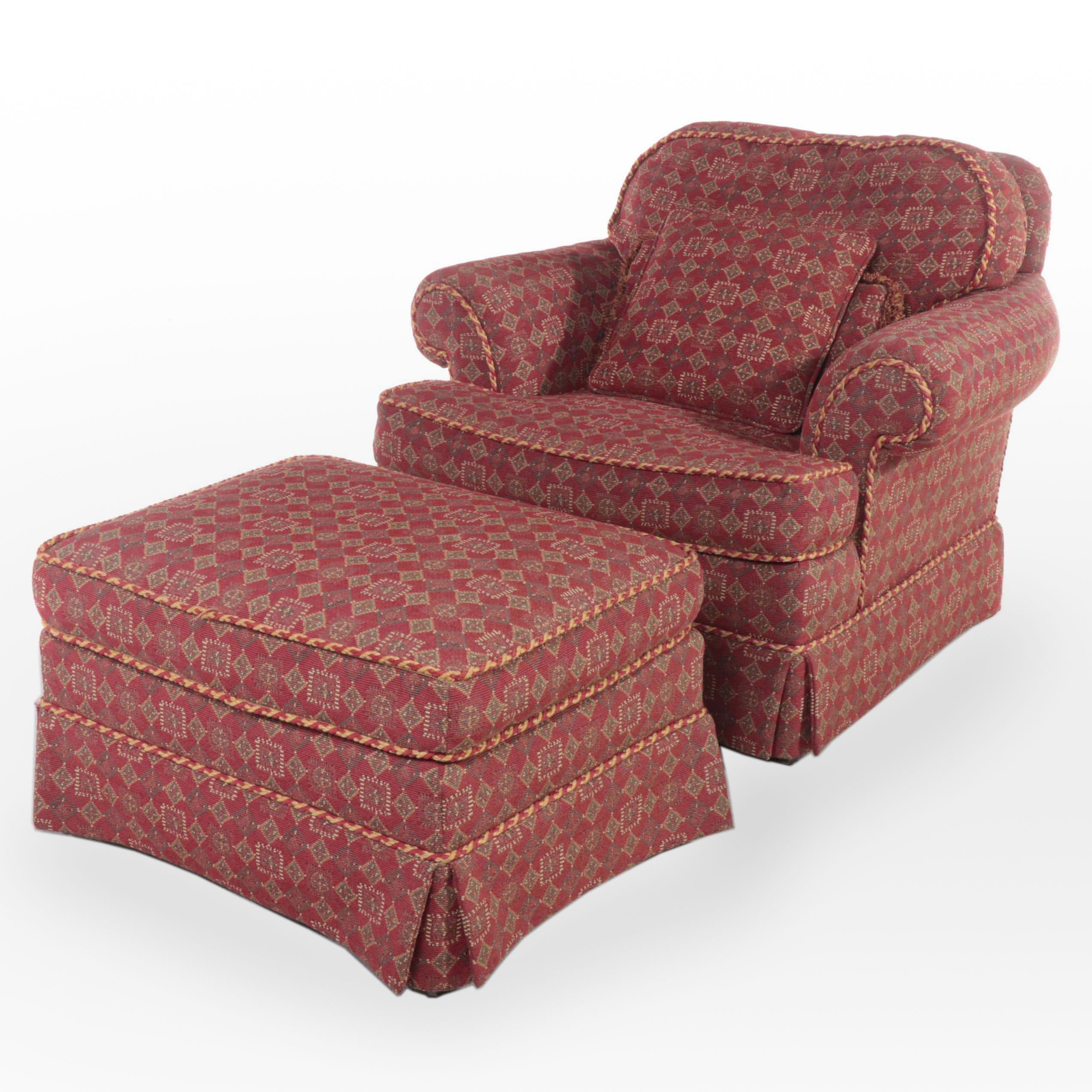 Skirted Roll-Arm Lounge Chair and Ottoman with Rope Trim