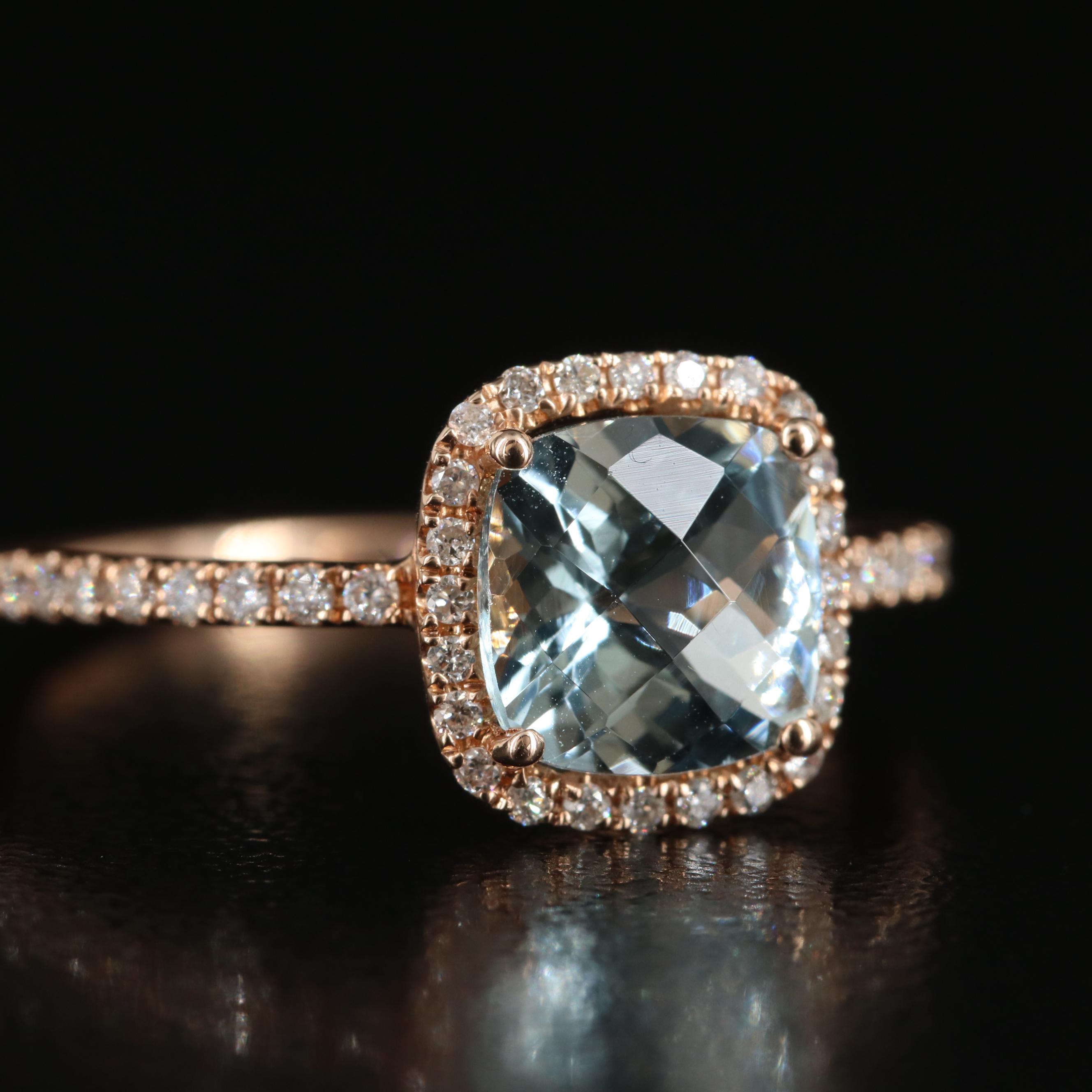 EFFY 14K Rose Gold Blue Aquamarine and Diamond Ring