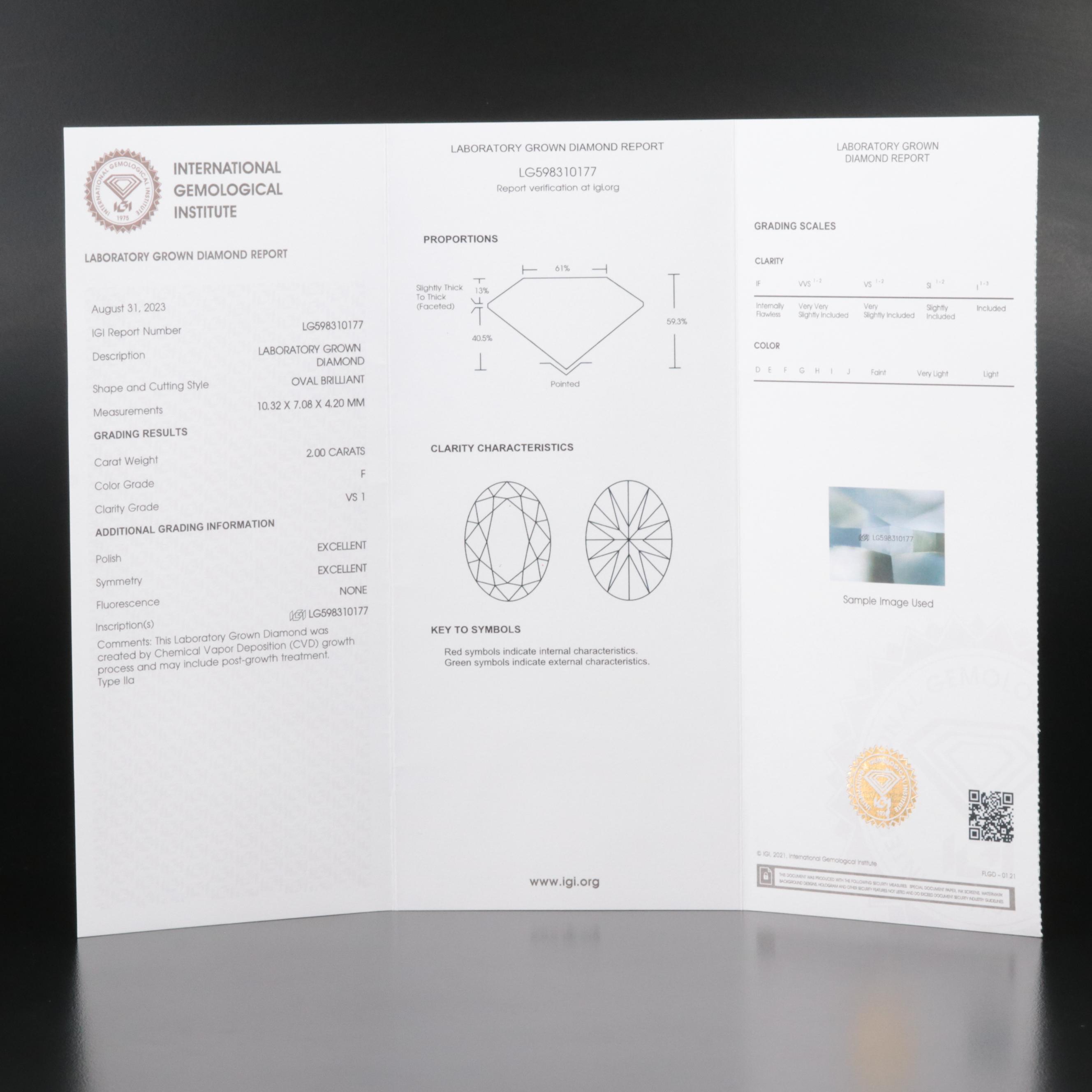 Loose 2.00 CT Lab Grown Diamond with IGI Report