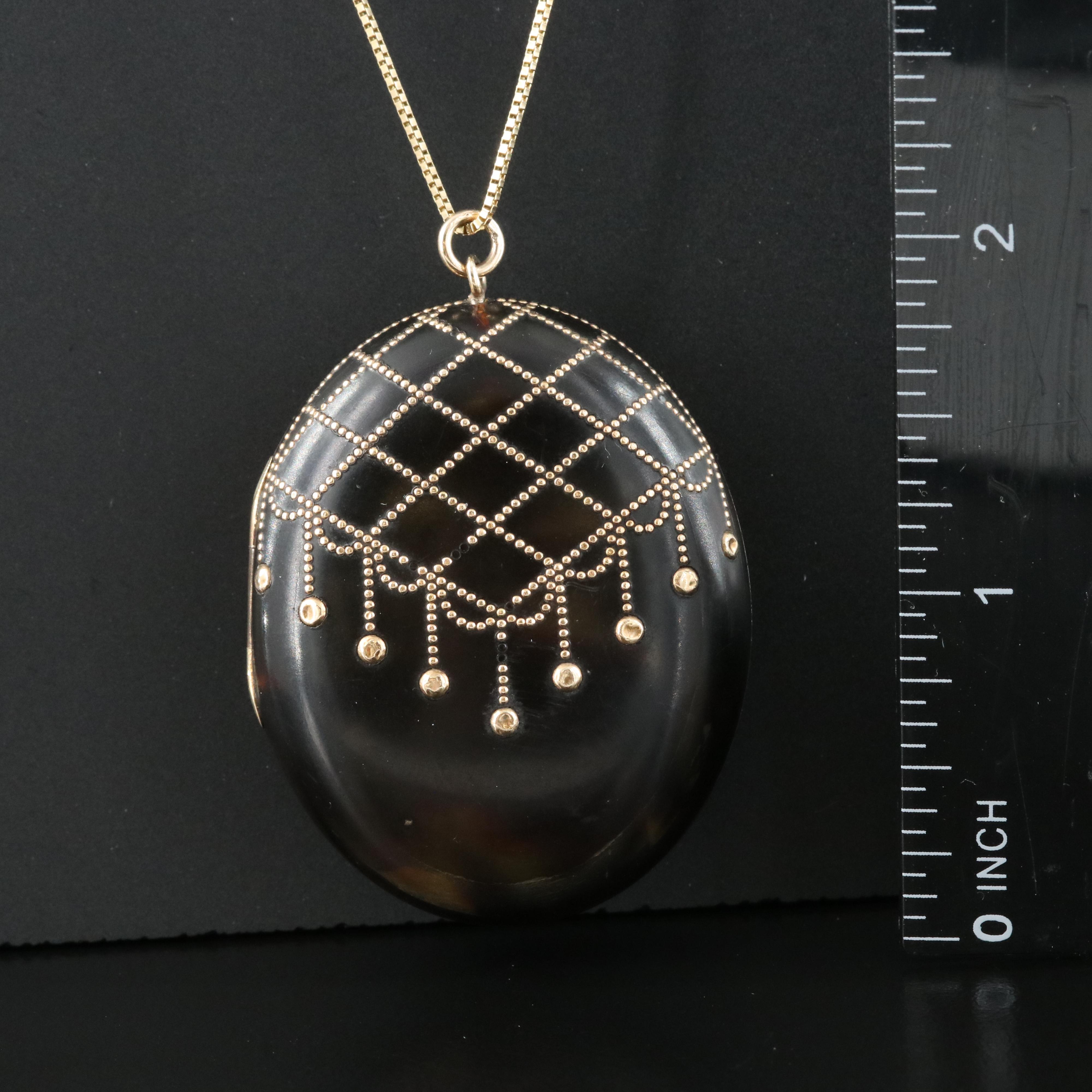 Antique Tortoise Shell Locket with 10K Details and 14K Box Chain