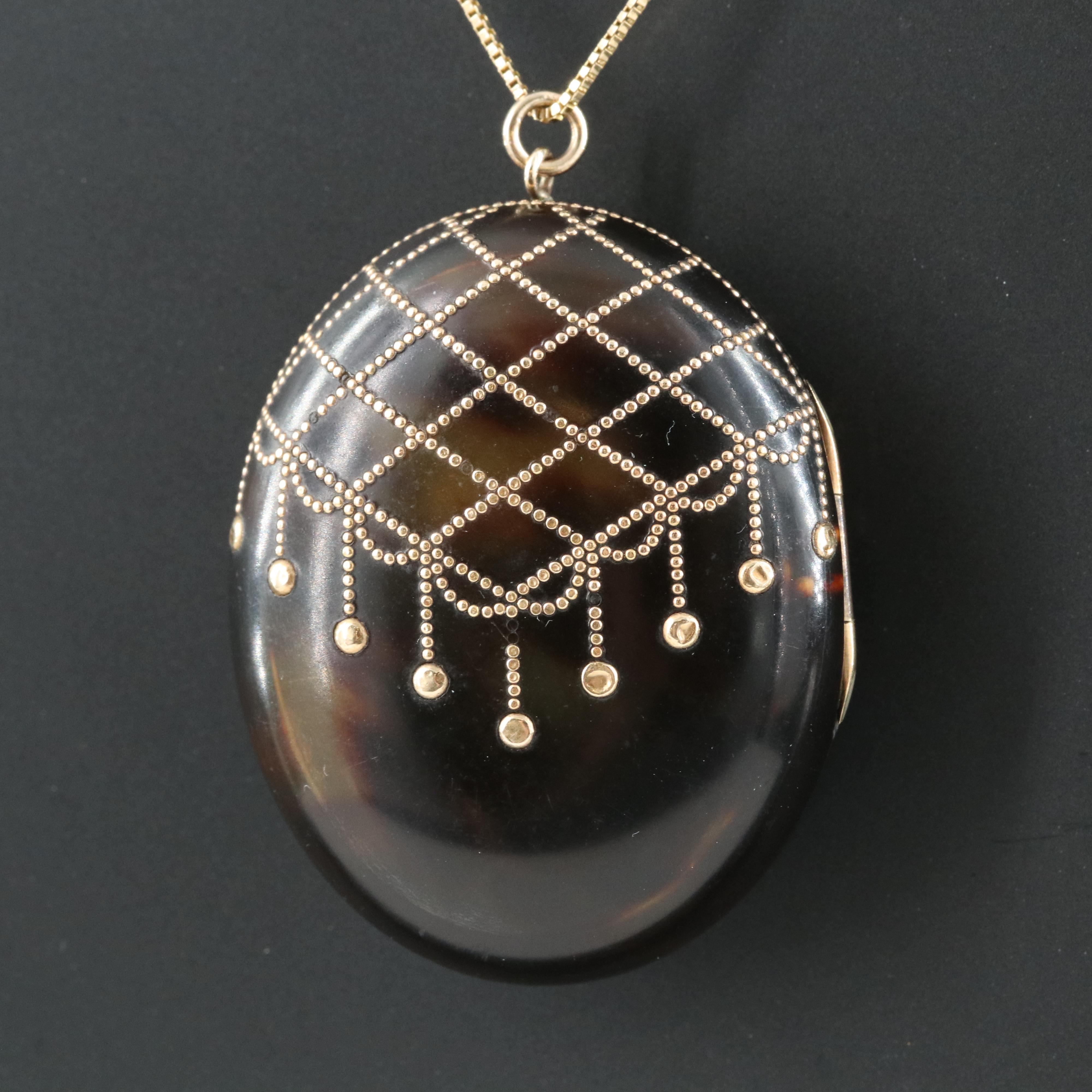 Antique Tortoise Shell Locket with 10K Details and 14K Box Chain
