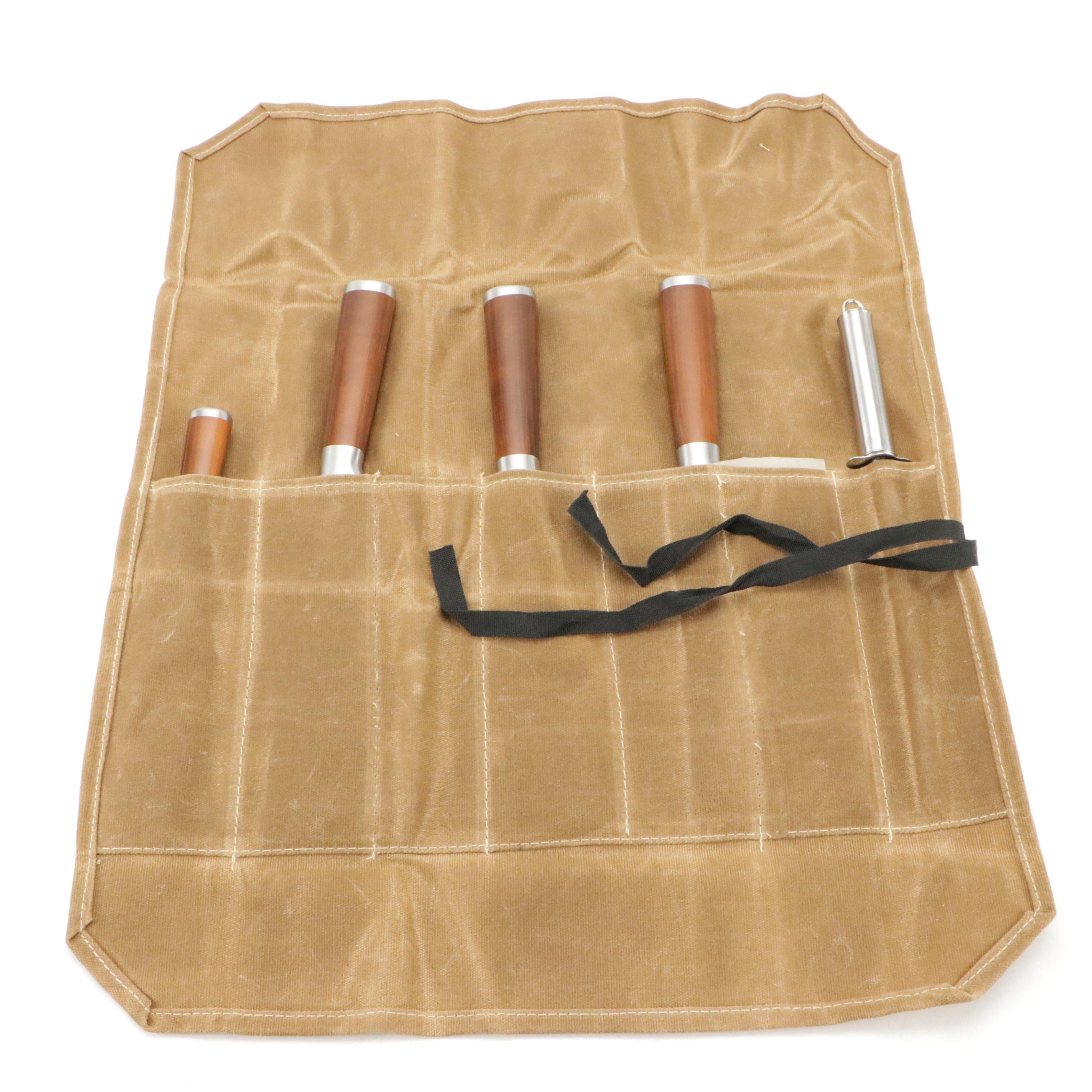 Japanese Steel and Wooden Handled Chef Knife Set with Knife Roll