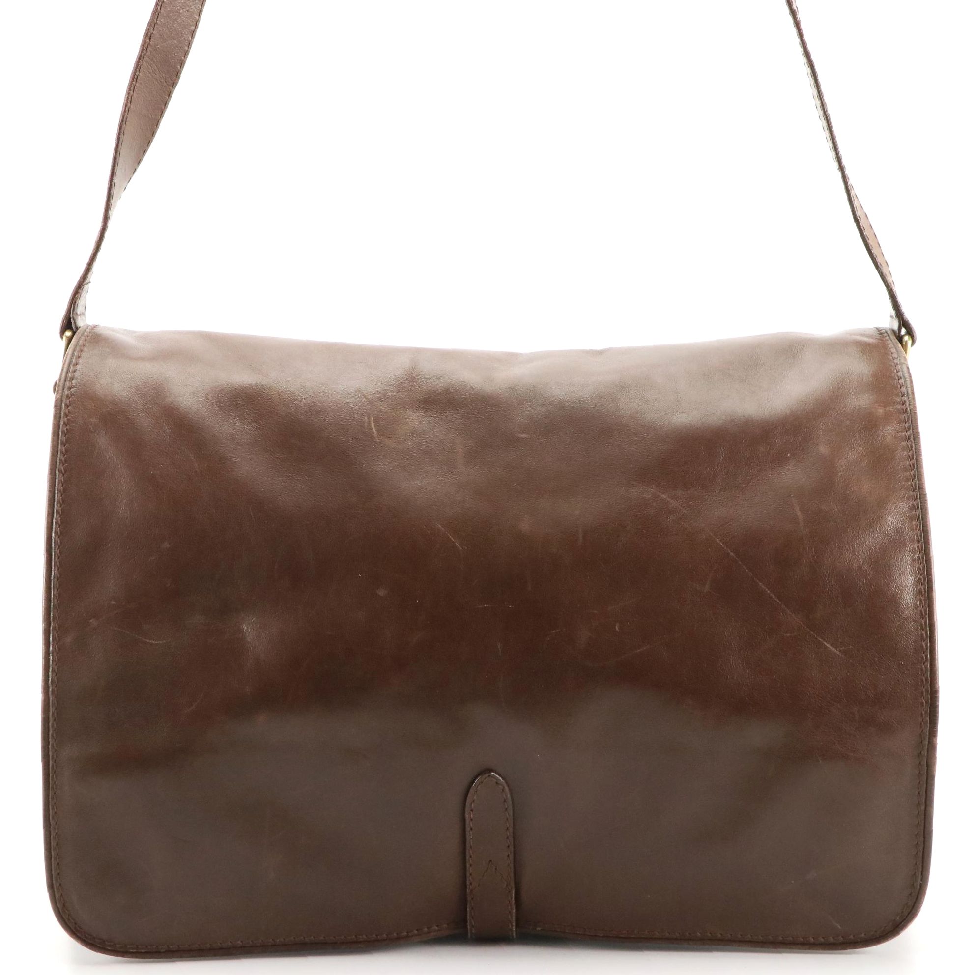 Brown Leather Front-Flap Messenger Bag with Adjustable Strap