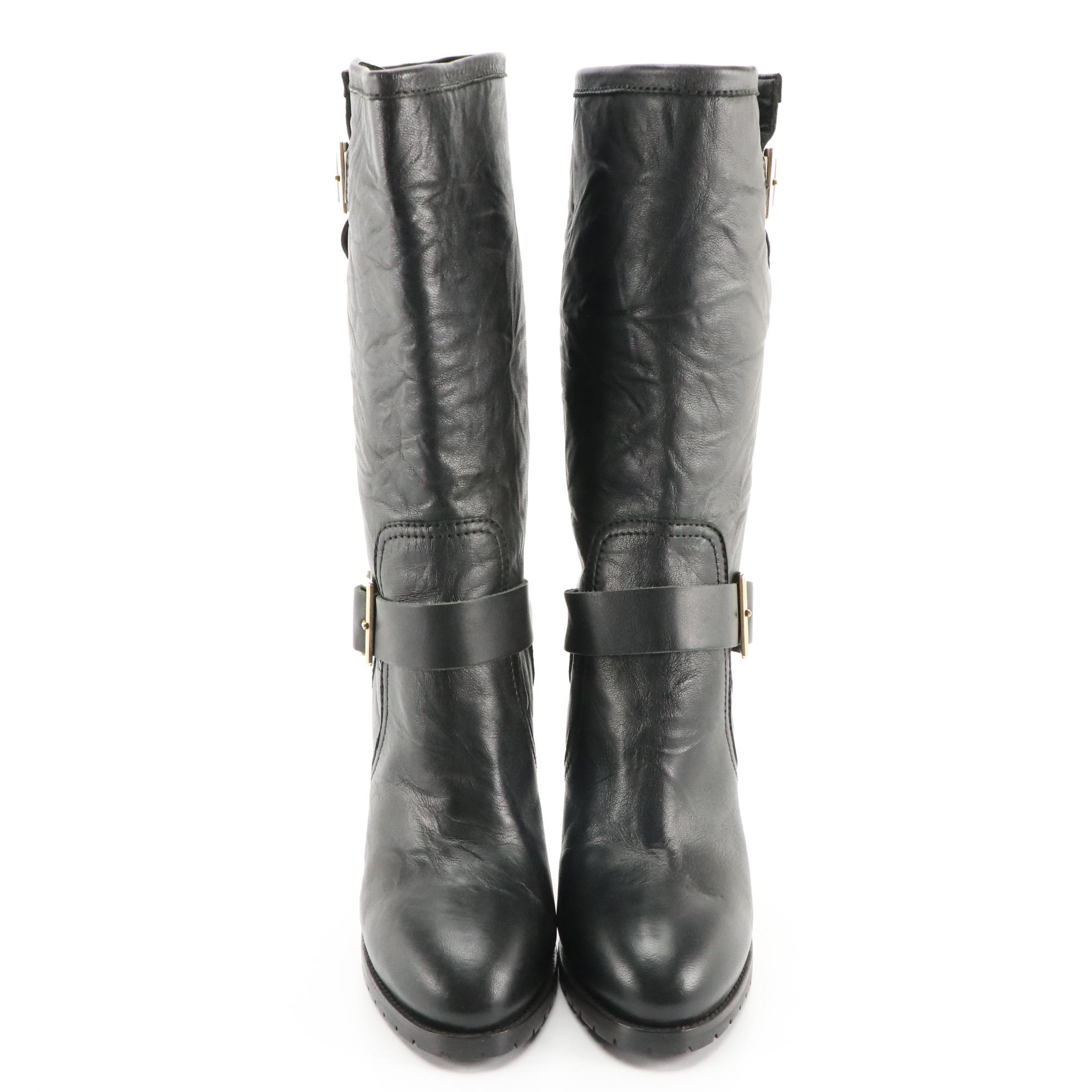 Jimmy Choo Black Leather Stiletto Boots with Buckle Straps