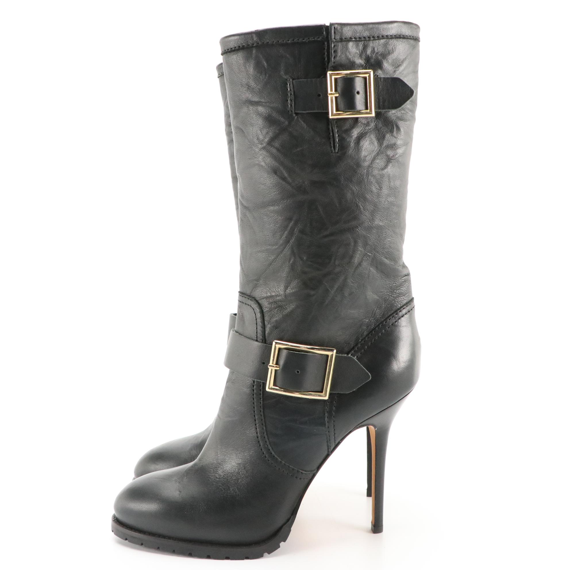 Jimmy Choo Black Leather Stiletto Boots with Buckle Straps