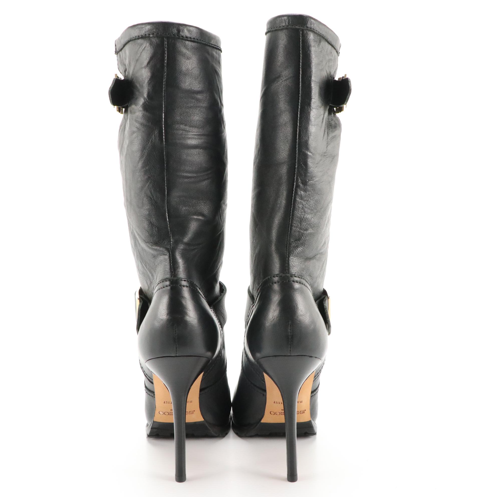 Jimmy Choo Black Leather Stiletto Boots with Buckle Straps