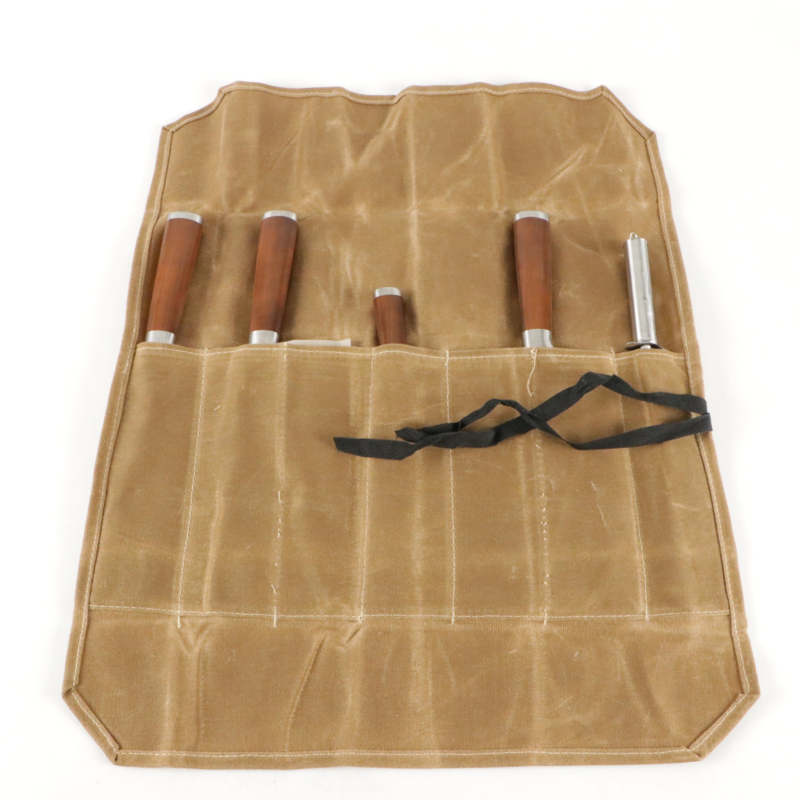 Japanese Steel and Wooden Handled Chef Knife Set with Knife Roll
