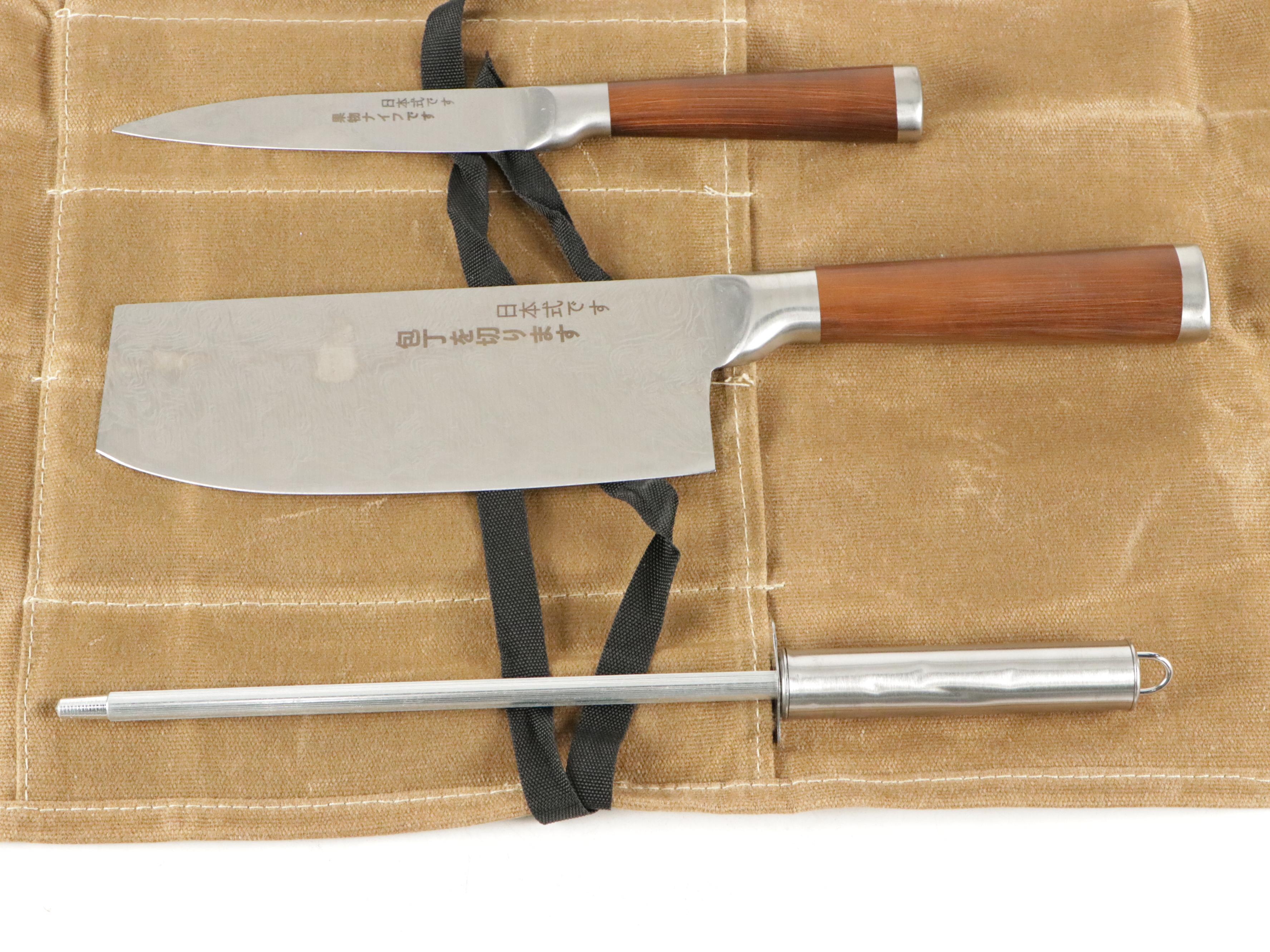 Japanese Steel and Wooden Handled Chef Knife Set with Knife Roll