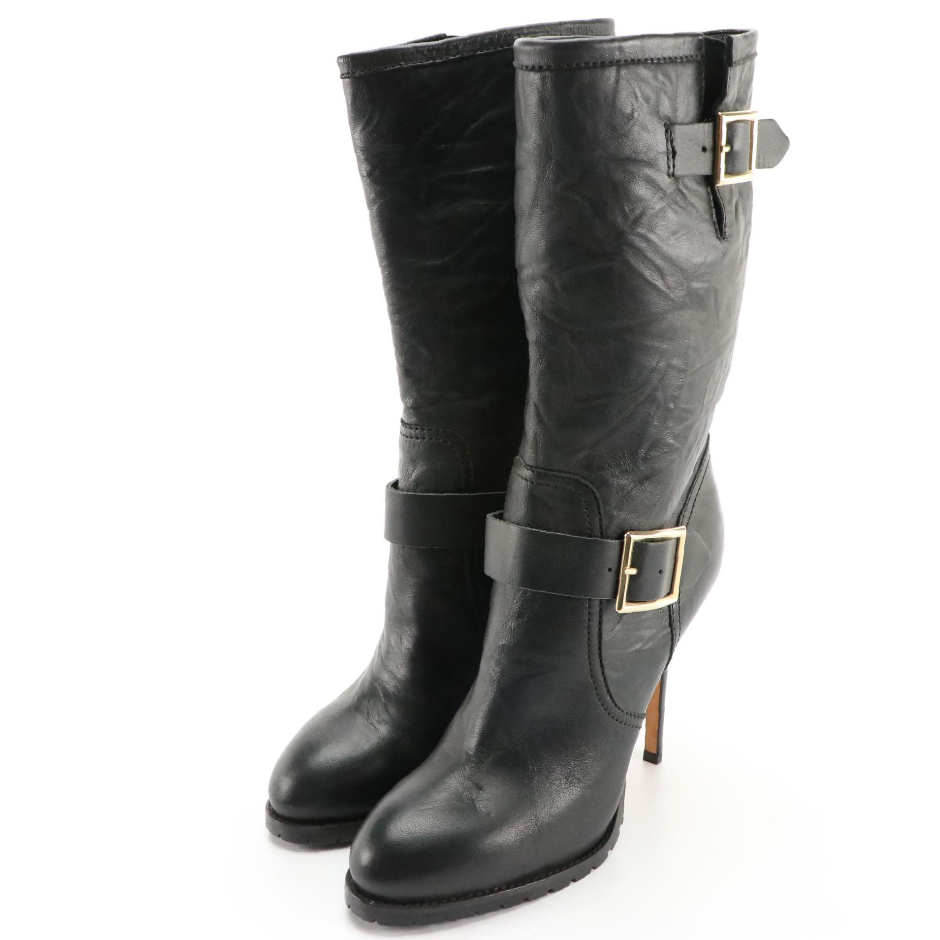 Jimmy Choo Black Leather Stiletto Boots with Buckle Straps