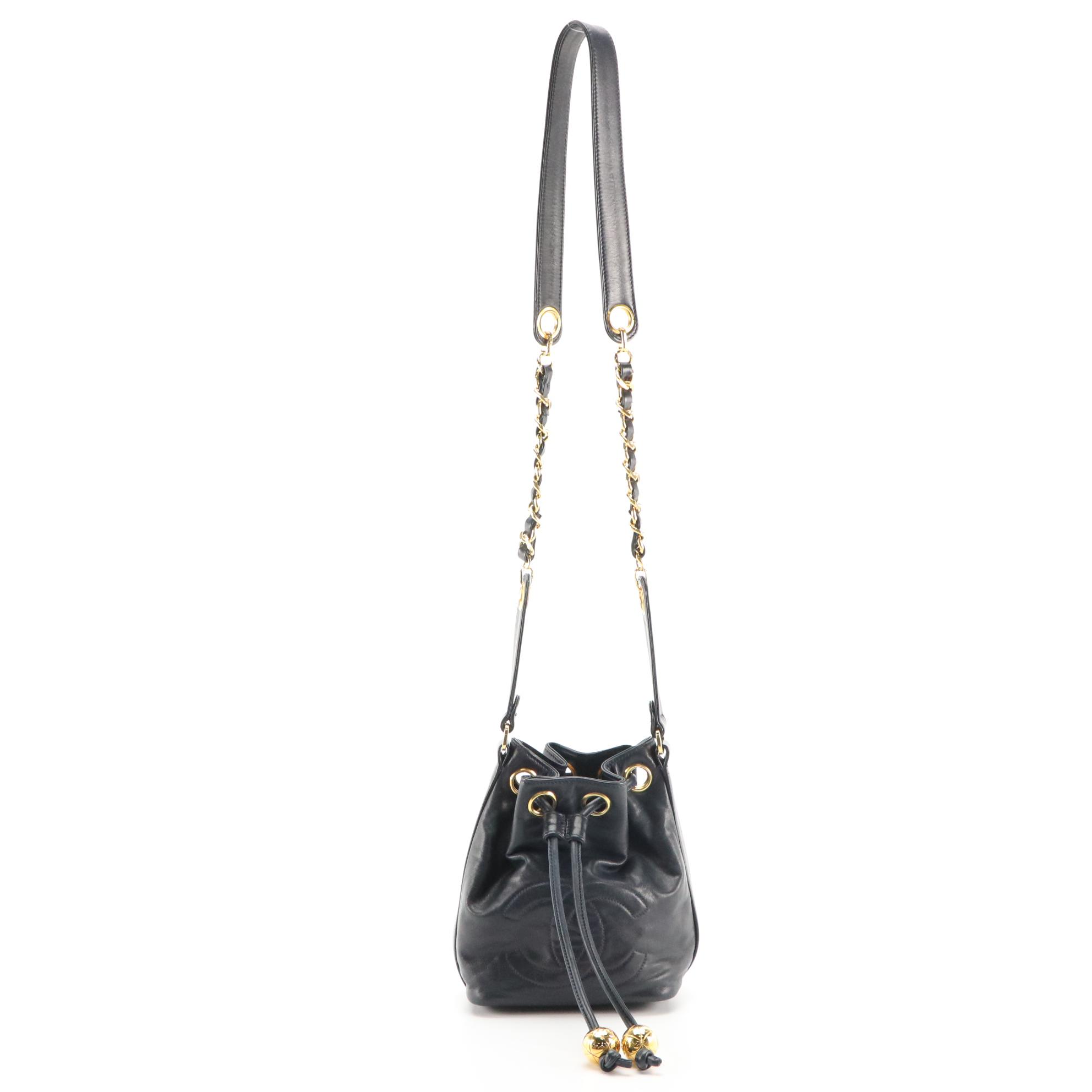 Chanel CC Mini Drawstring Bucket Bag in Navy Lambskin Leather with Zip Pouch