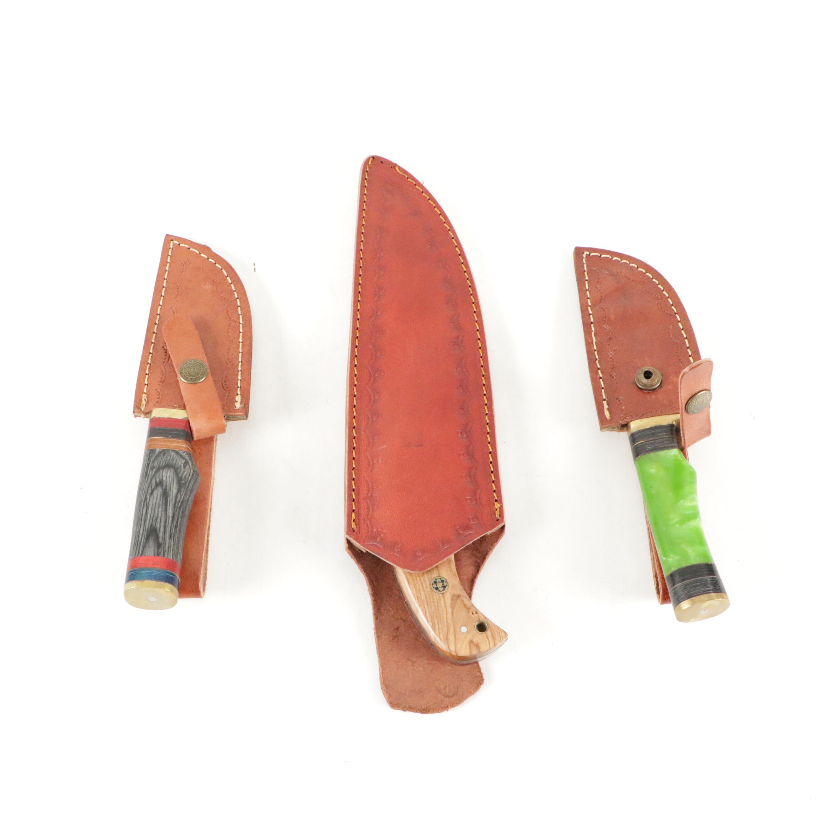 Hand-Crafted Damascus Steel Fixed Blade Knives with Leather Scabbards