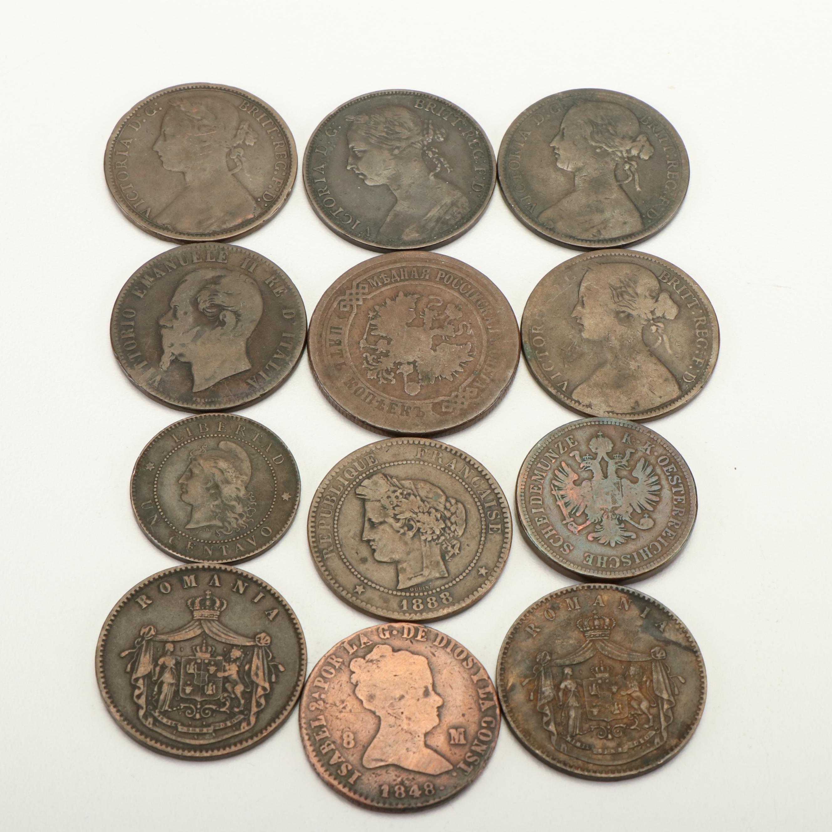 Collection of Twelve Large Copper European Coins From the 1800's