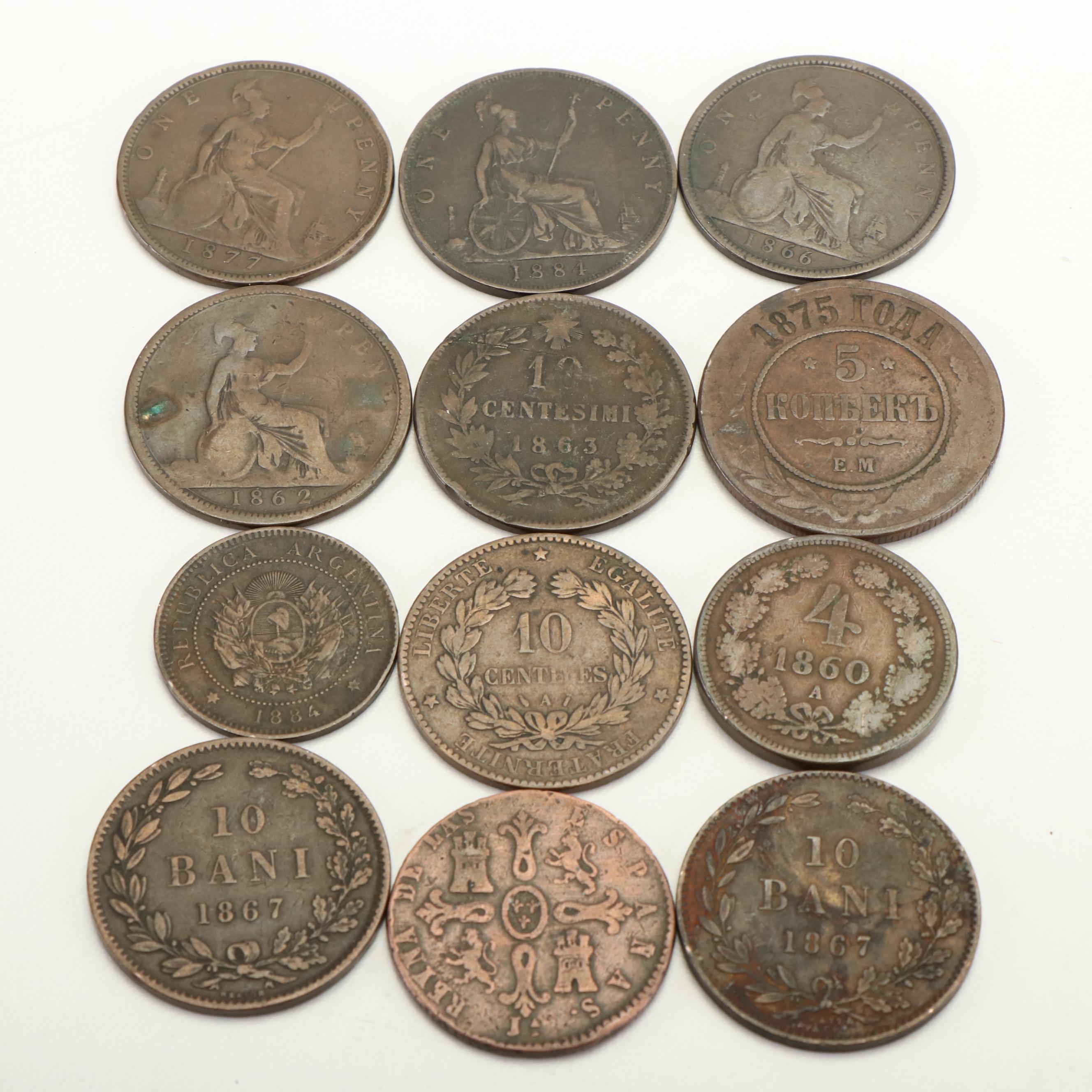 Collection of Twelve Large Copper European Coins From the 1800's