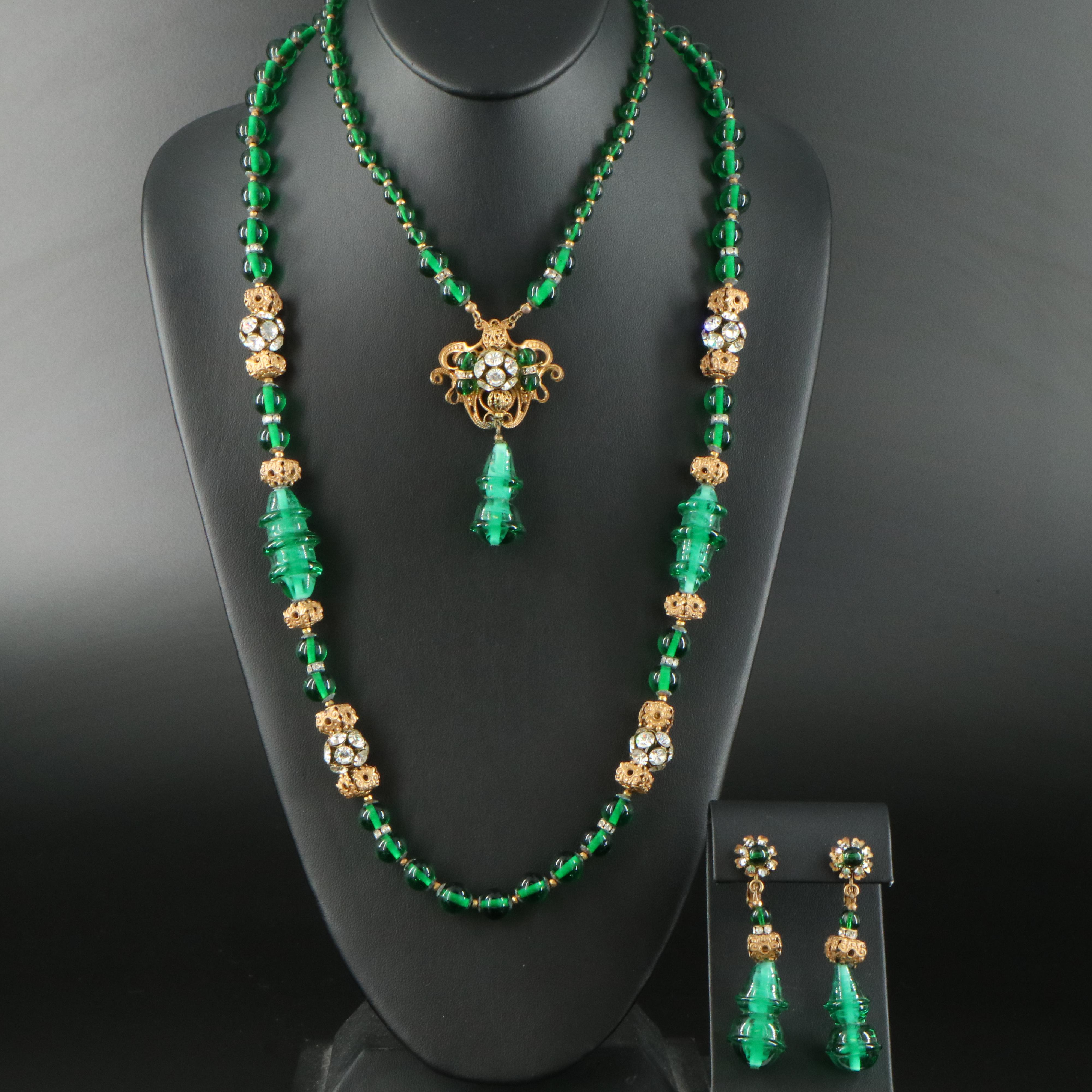 Miriam Haskell Art Glass and Crystal Necklaces and Earrings Set