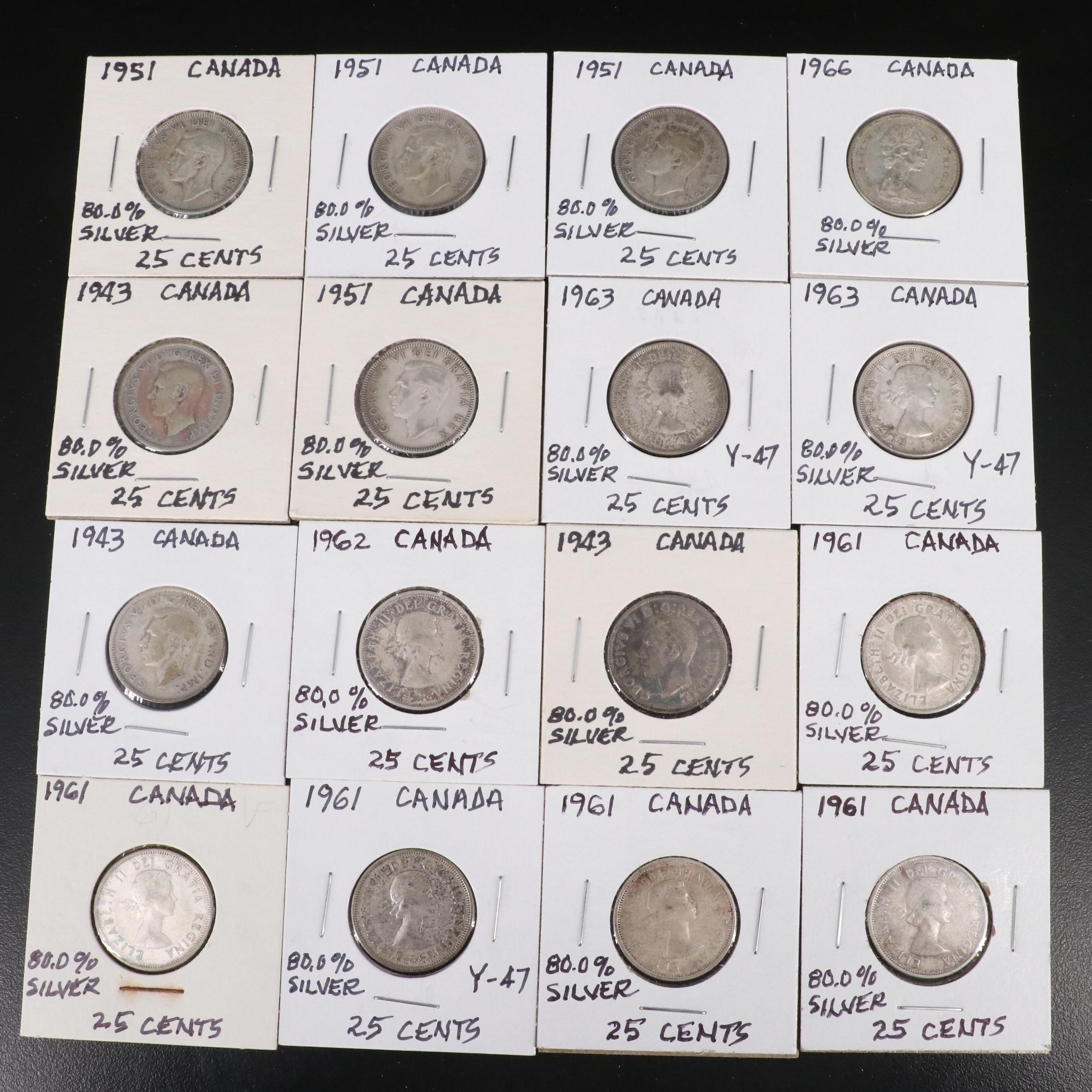 Collection of Forty Canada .800 Silver Twenty-Five Cent Coins