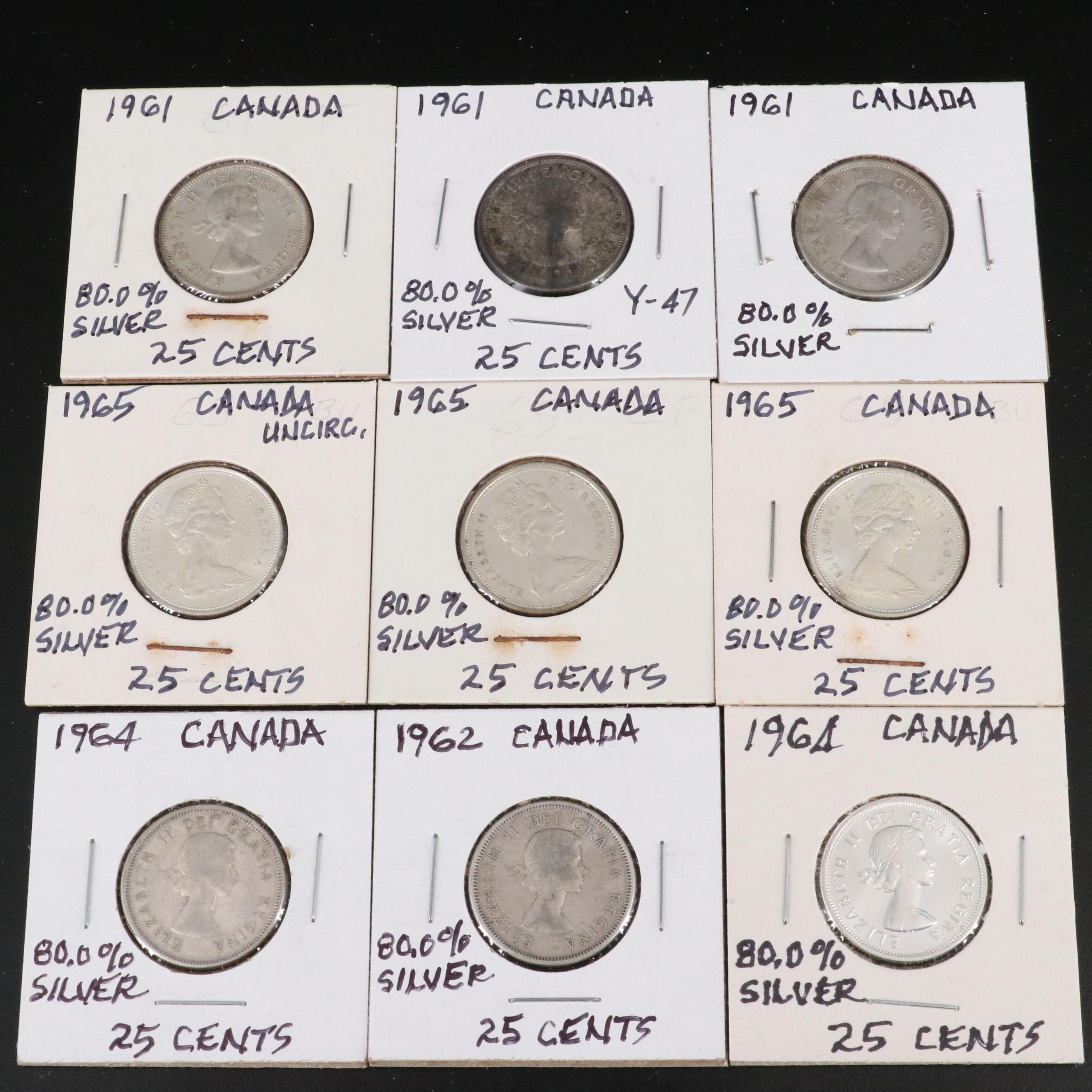 Collection of Forty Canada .800 Silver Twenty-Five Cent Coins