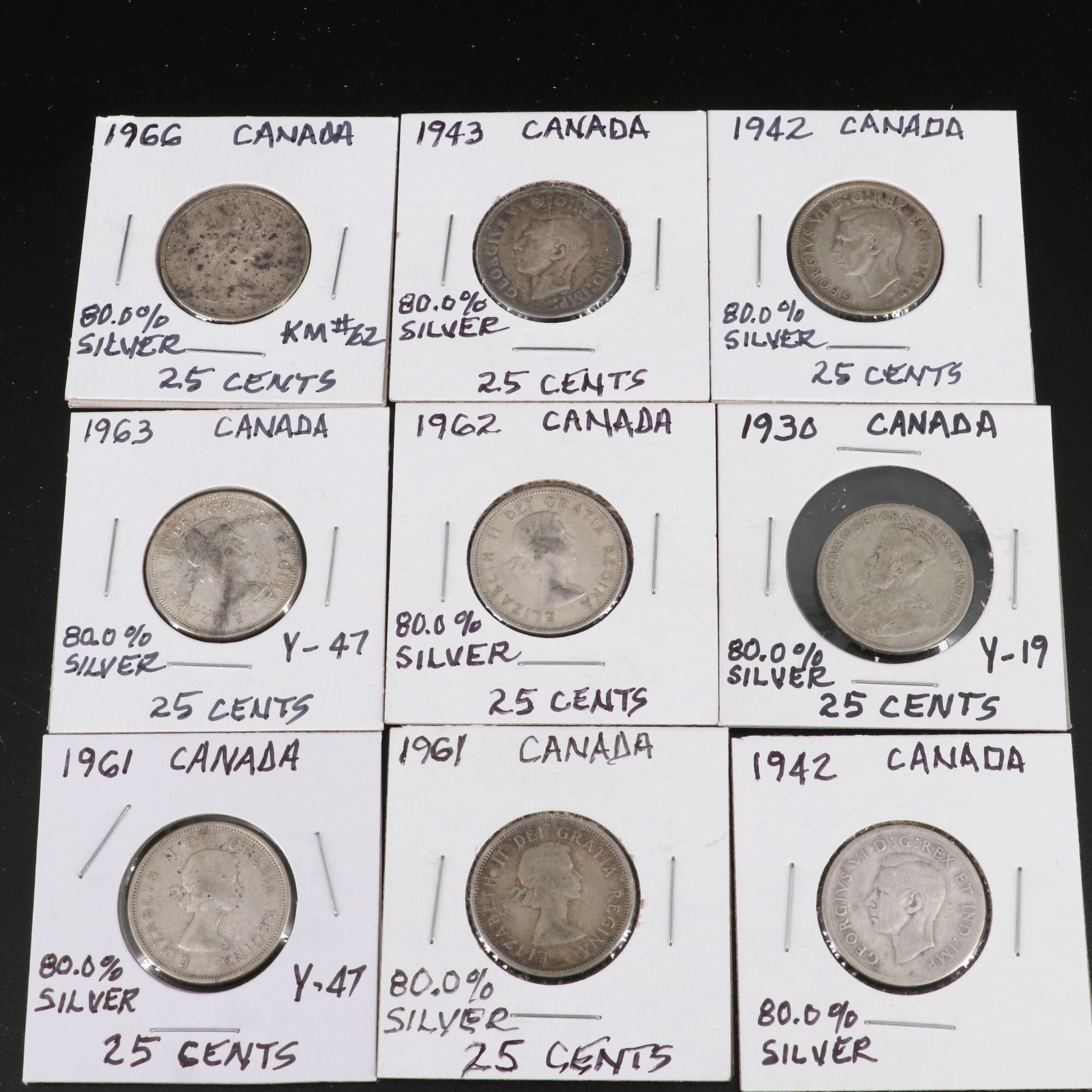 Collection of Forty Canada .800 Silver Twenty-Five Cent Coins